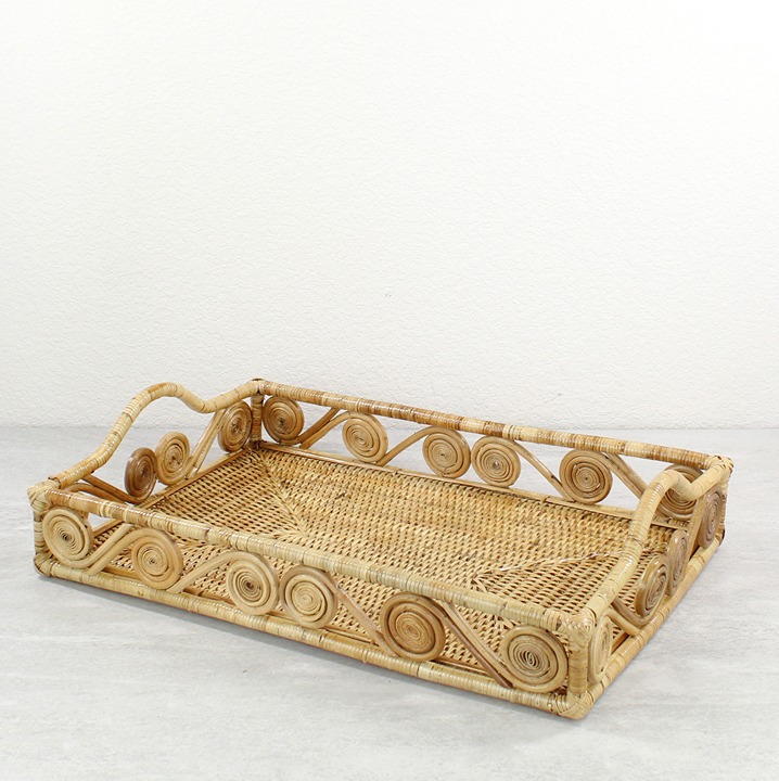 New Swirly Rectangle Rattan Tray with Handles-Natural-15.5