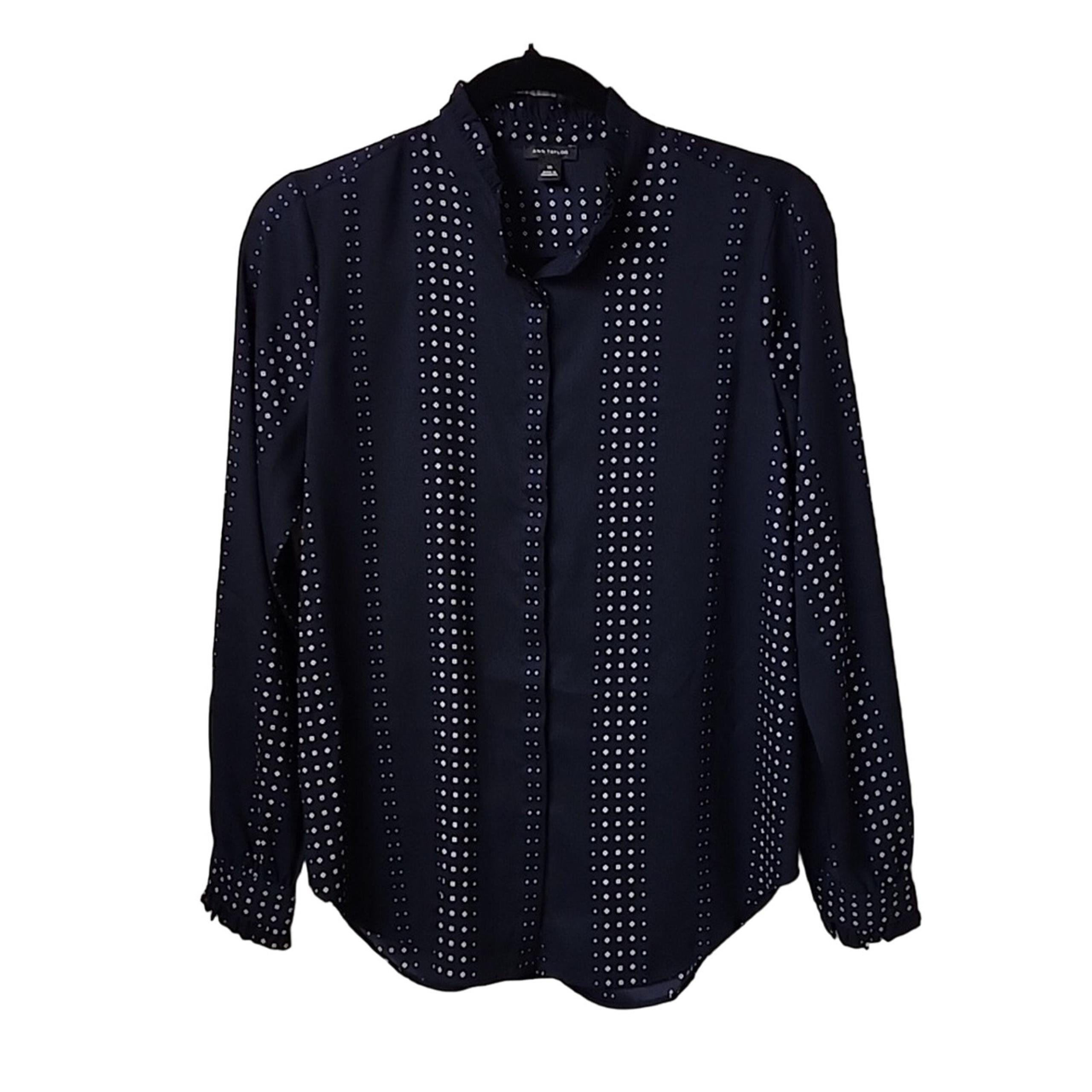 Ann Taylor Navy Blue and White Button Down Long Sleeve Shirt Womens Size XS