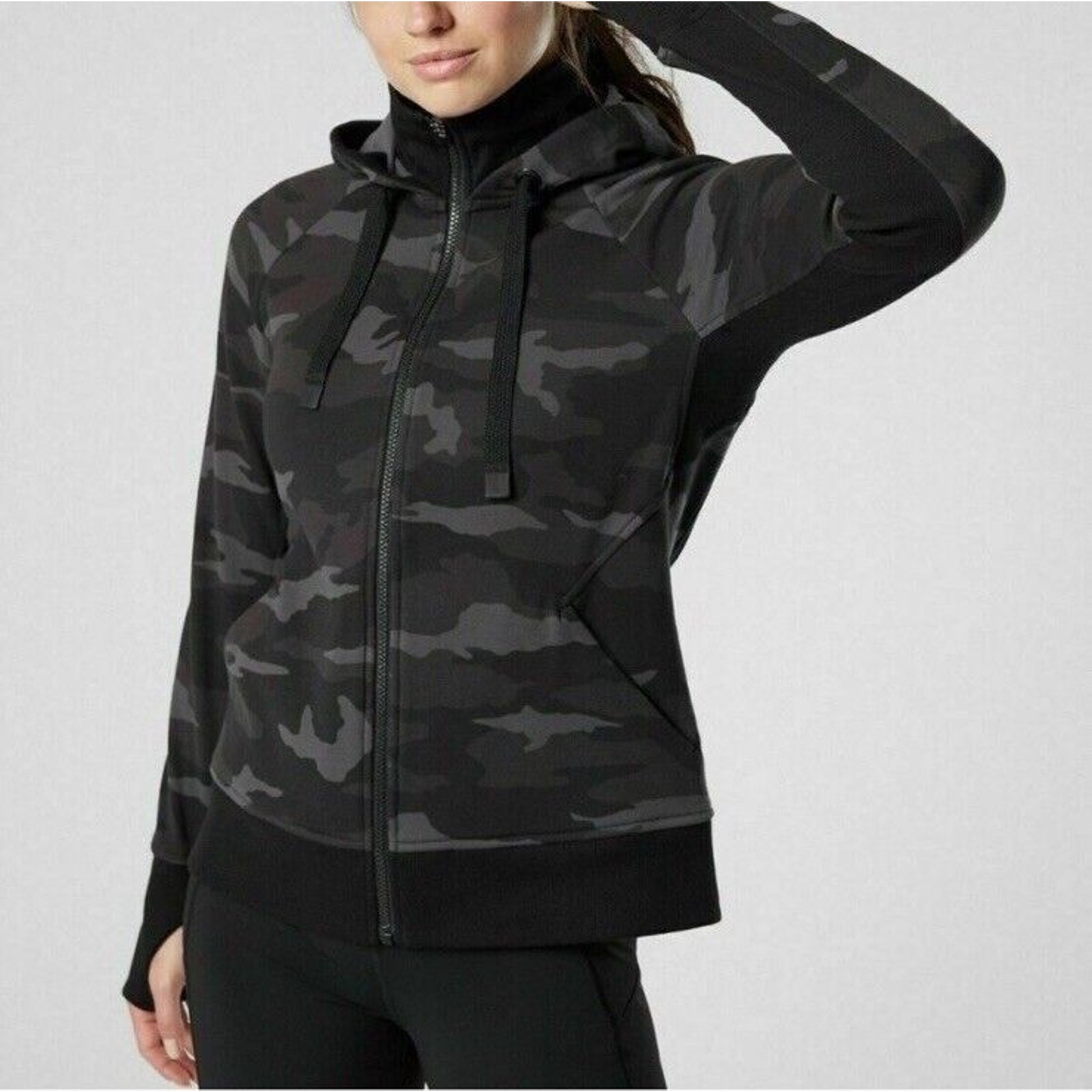 Athleta Hoodie Triumph Camo Full Zip Sweatshirt Jacket Black 511504 Size MT