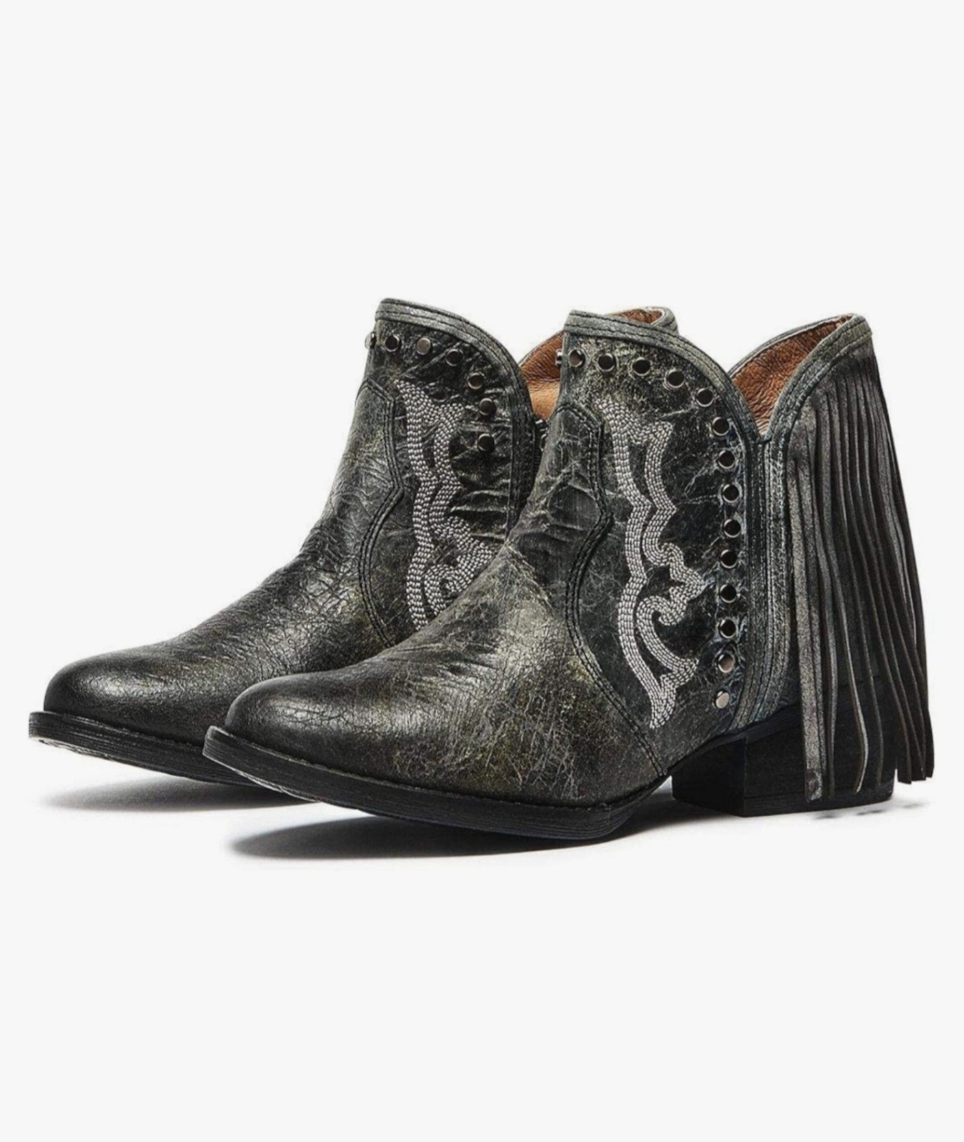 Sterling River Women's Distressed Black with Fringe R-Toe Booties. MSRP: 229.99