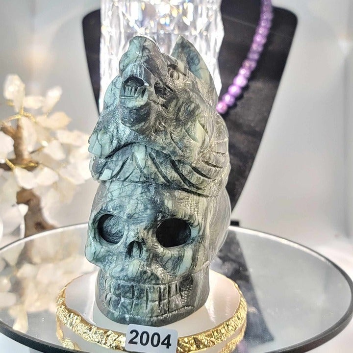 NATURAL BIG GREEN SKULL WITH WOLF HEAD JASPER CARVING #2004