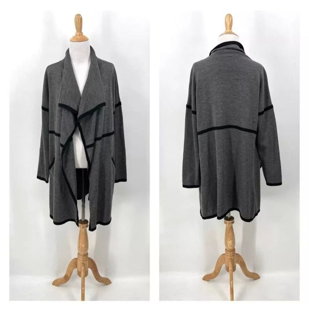 Eileen Fisher Long Gray & Black 100% Merino Wool Cardigan Sweater Womans Small