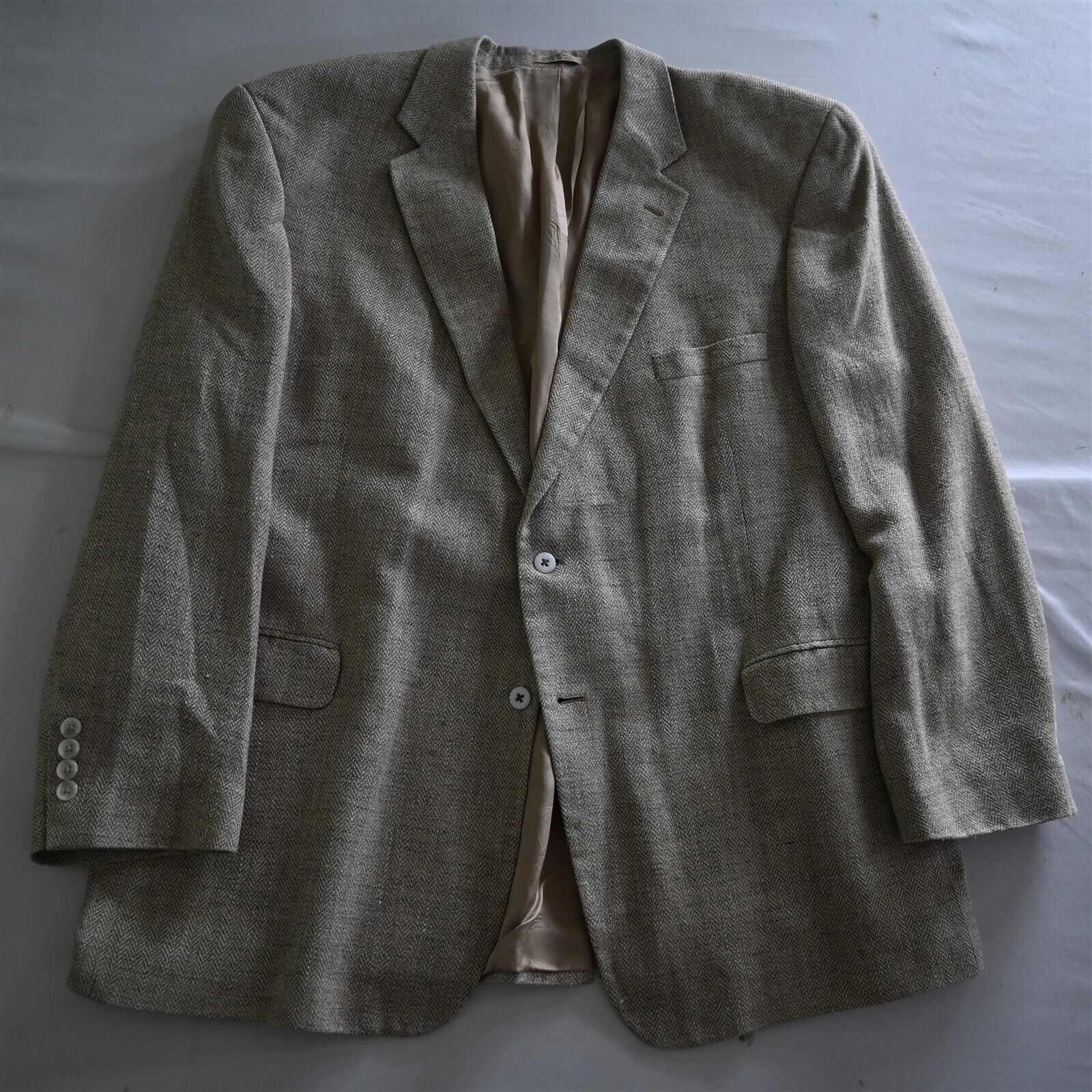 Vtg Stafford 50R Beige Herringbone 100% Silk Tweed Blazer Suit Jacket Sport Coat