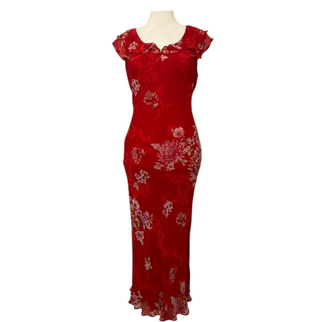 Silk Vintage 90s Robbie Bee Romantic Chiffon Red Floral Maxi Slip Dress Fairy