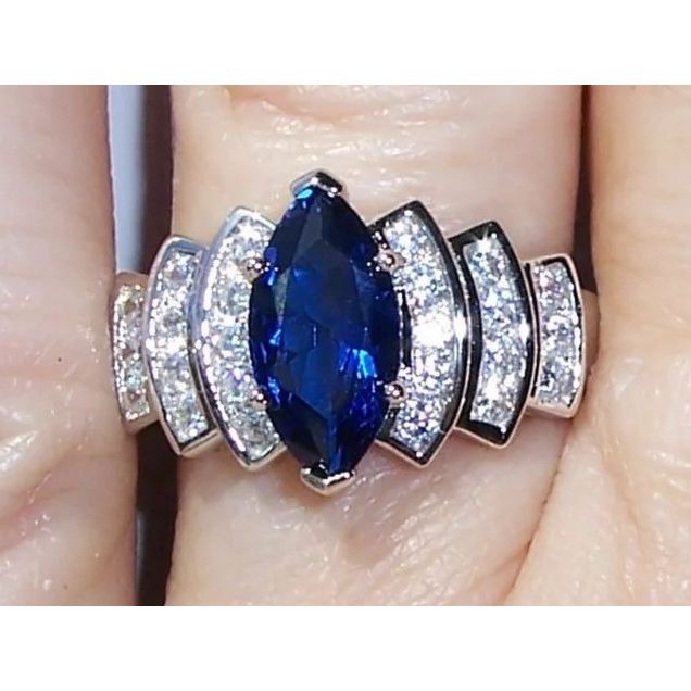 Size 7, 925 STERLING SILVER Marquise Blue Spinel Cubic Zirconia Stair Step Ring
