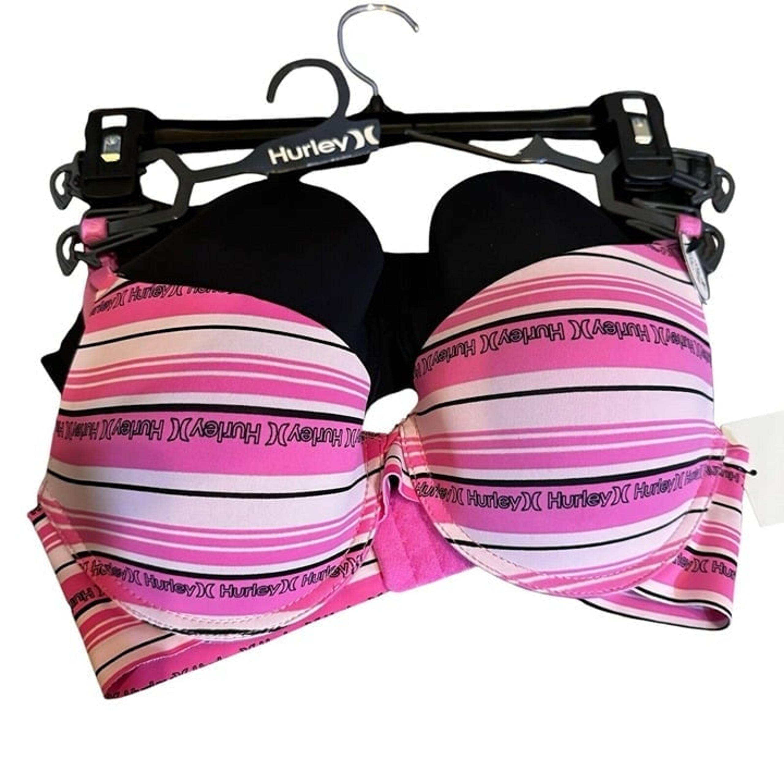 Hurley Women’s Striped Bra 36C - 2 Pack Underwire Padded Pink and Black