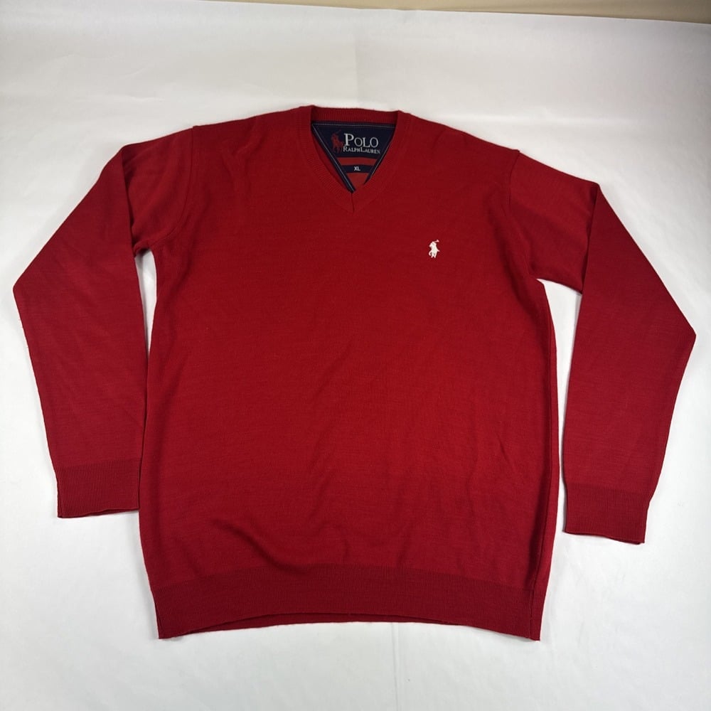 Polo Ralph Lauren V-Neck Wool Blend Sweater Men XL Red Sweatshirt Preppy Grandpa