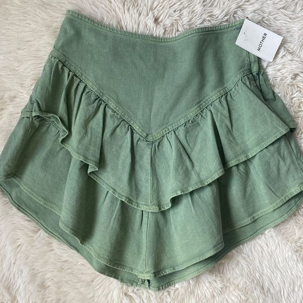 Mother asymmetric ruffle hem green mini skirt