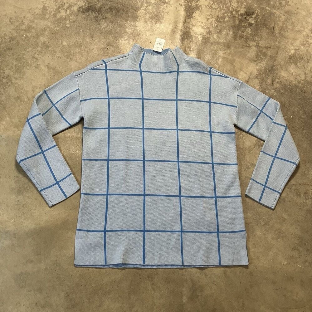 Loft Sweater Womens Small Blue Windowpane Mock Neck Tunic Modern