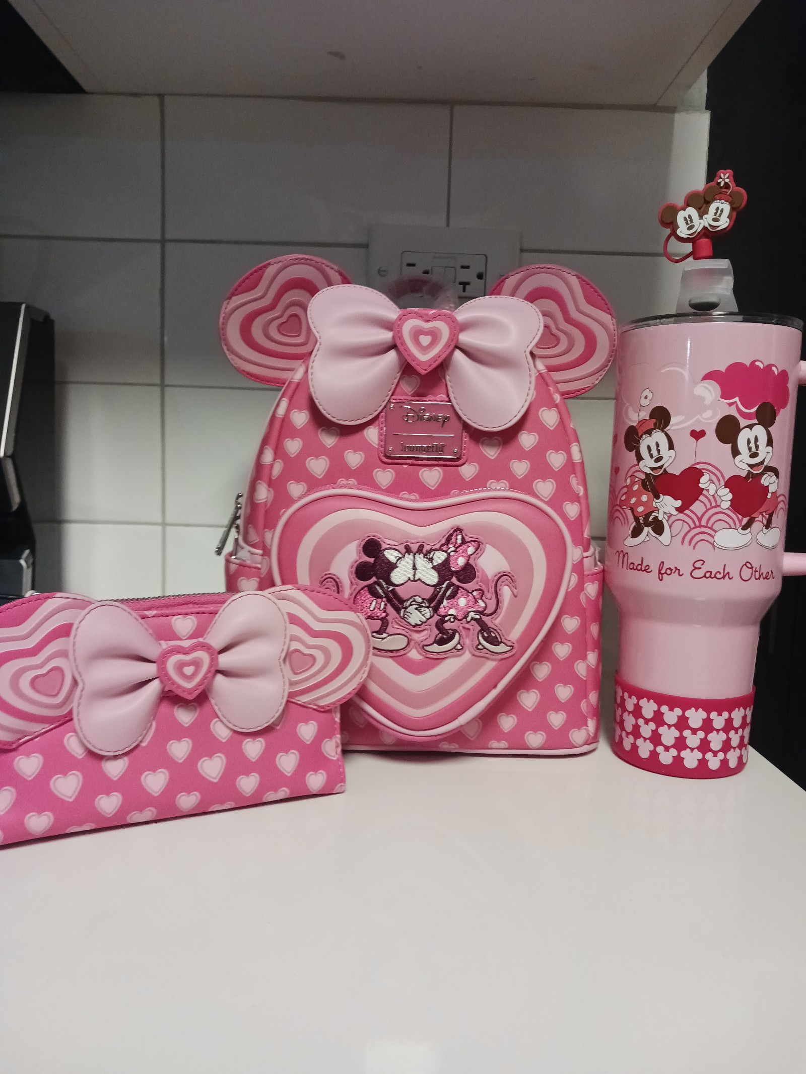 Loungefly Mickey- Minnie Mouse Hearts Ears Backpack Wallet & Tumbler Bundle NWT