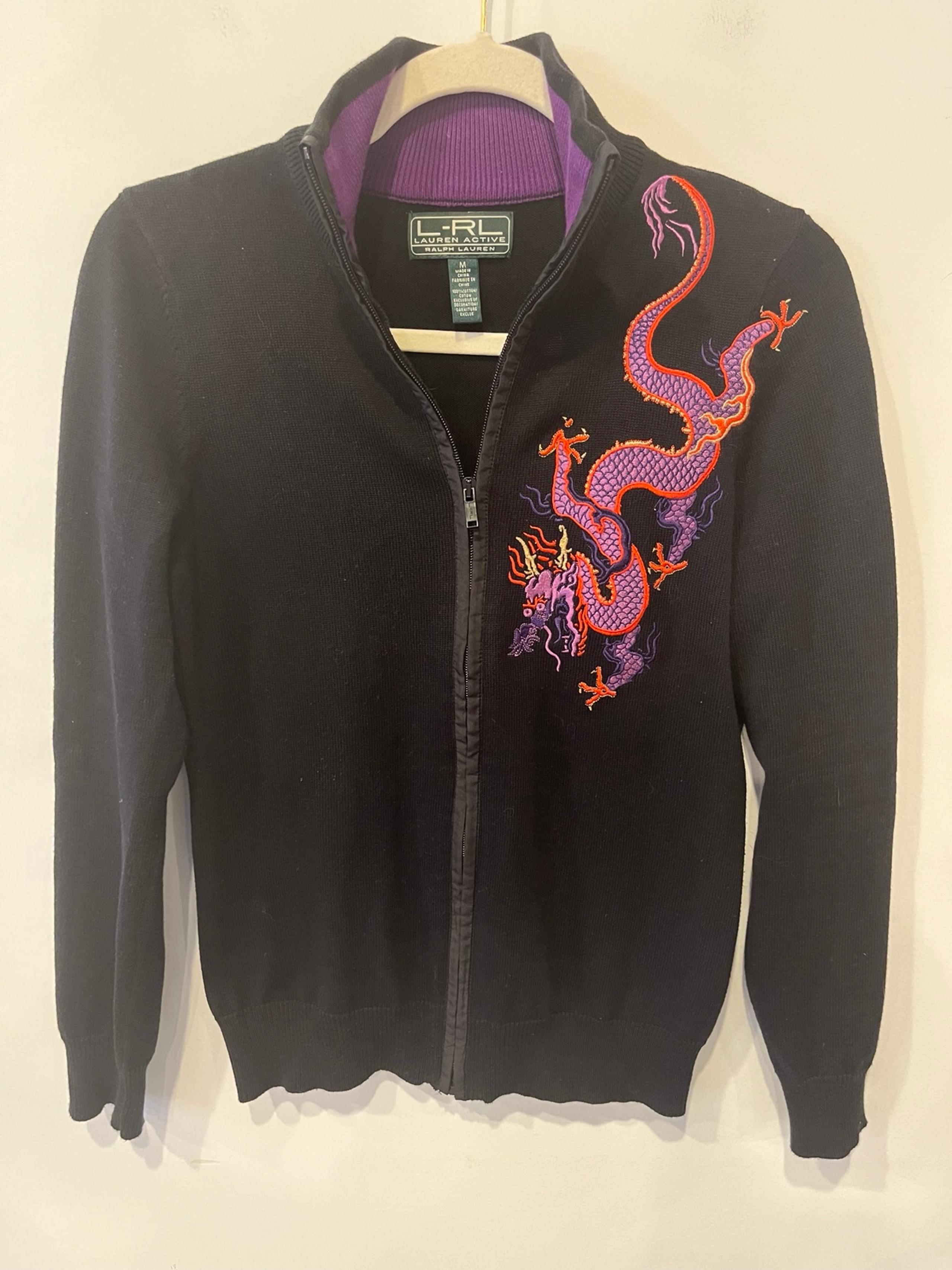 LAUREN RALPH LAUREN SWEATER WOMENS MEDIUM VINTAGE BLACK DRAGON ZIP UP CARDIGAN