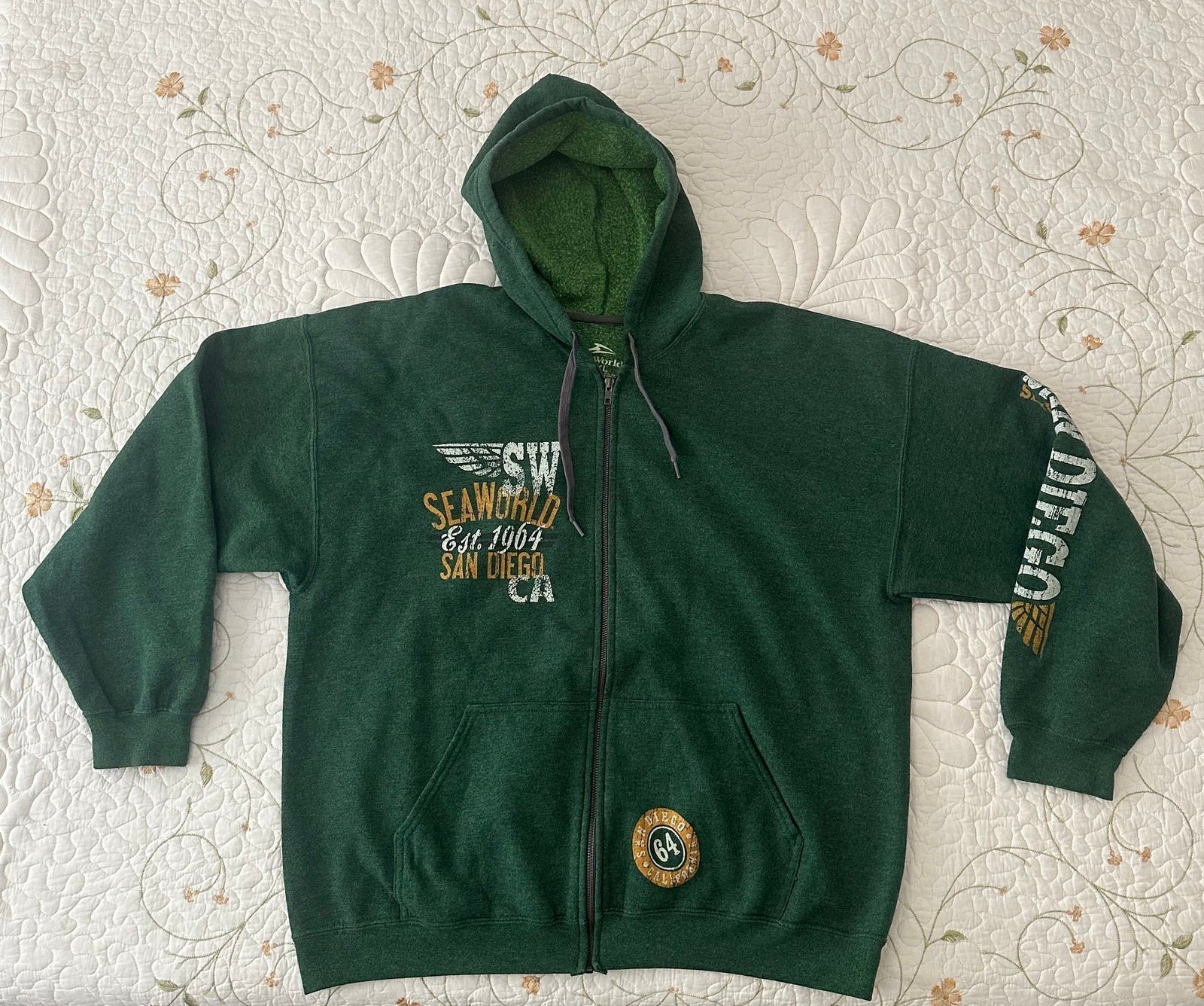 Vintage Sea World Men’s Green Full Zip Up Sweater Hoodie San Diego Size 2XL