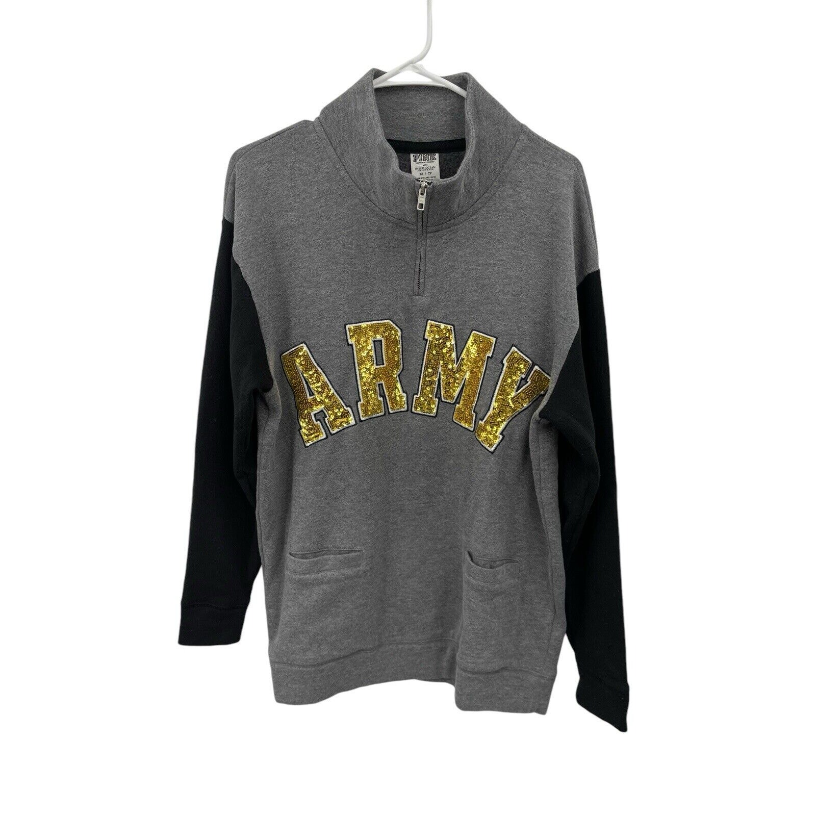 Victoria’s Secret Pink Army Sweatshirt Gold Bling Sequin Gray Black Size XS