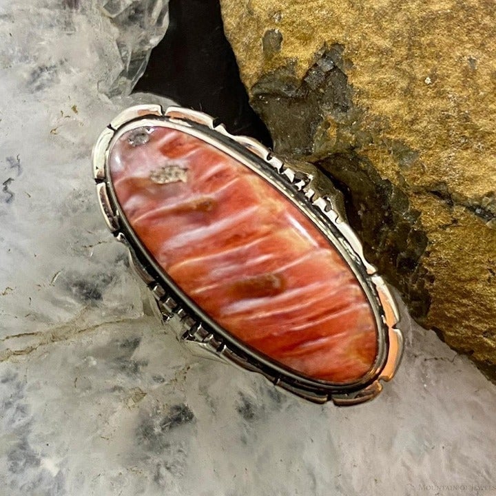 Native American Sterling Silver Elongated Oval Spiny Oyster Ring S 7.5 For Women