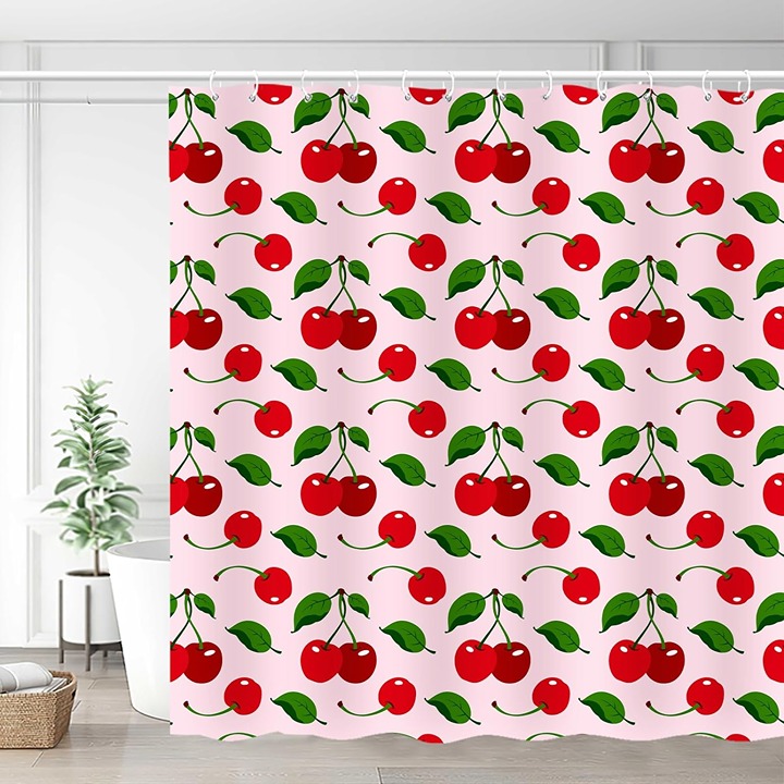 Pink Fruit Shower Curtain, Bath Curtain Polyester Fabric Waterproof with 12 Hook