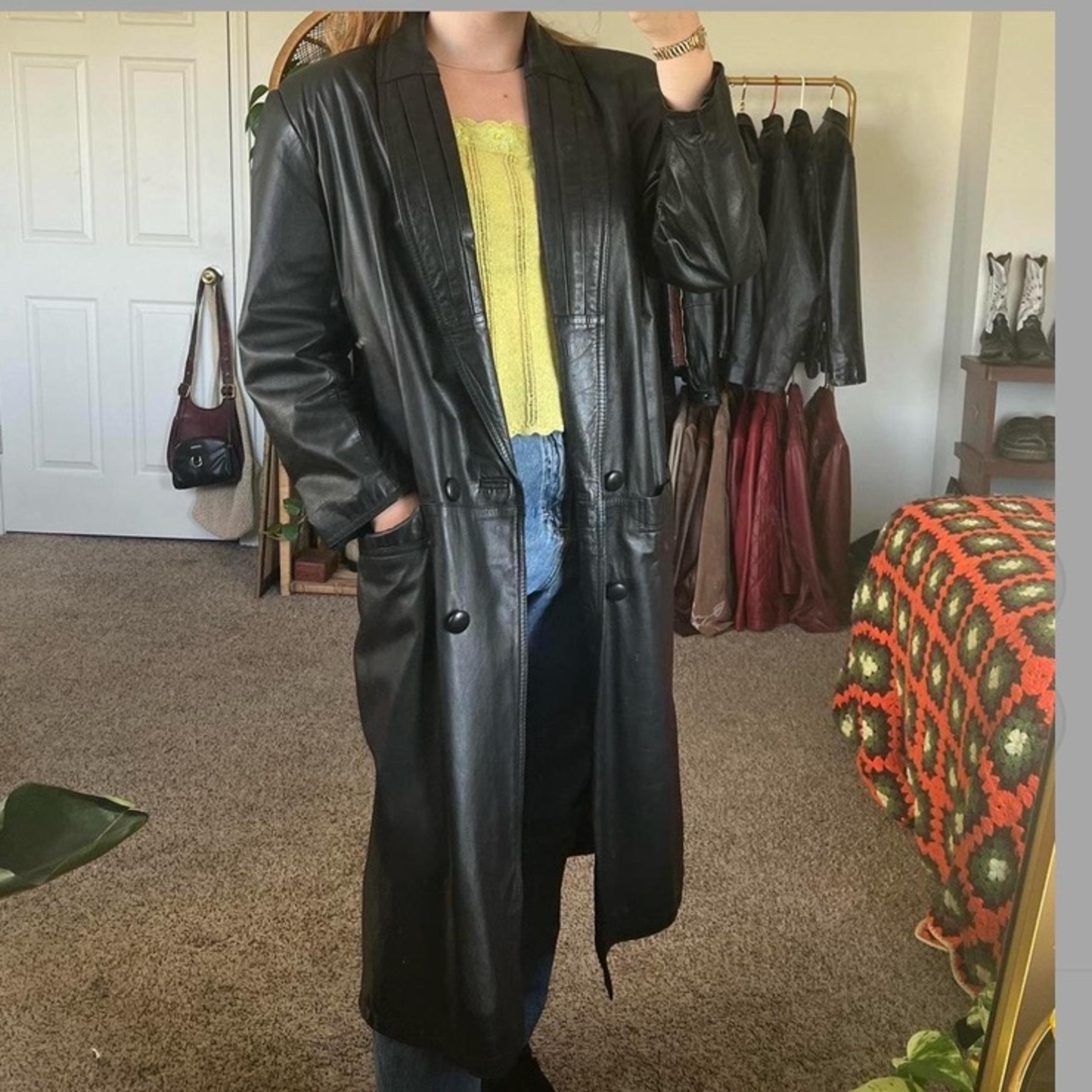 Vintage genuine leather button down trench coat