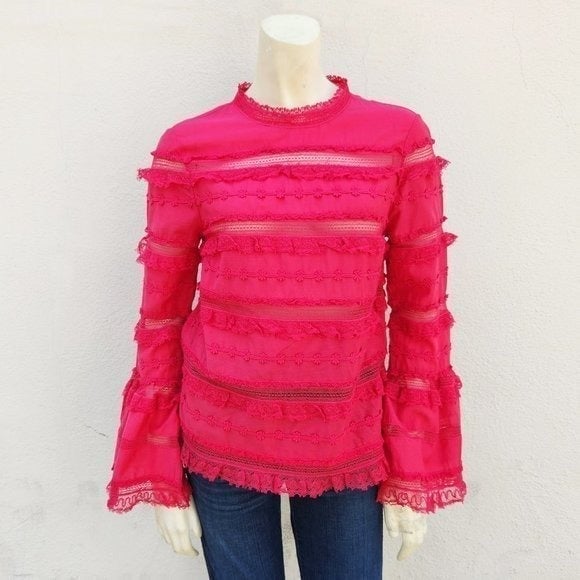Ulla Johnson Women Fuchsia Lace Trim Bell Sleeve Blouse Long Sleeve Pink Size 2