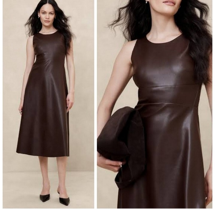 NEW Banana Republic Factory Vegan Leather Paneled Midi Dress in Dark Oak