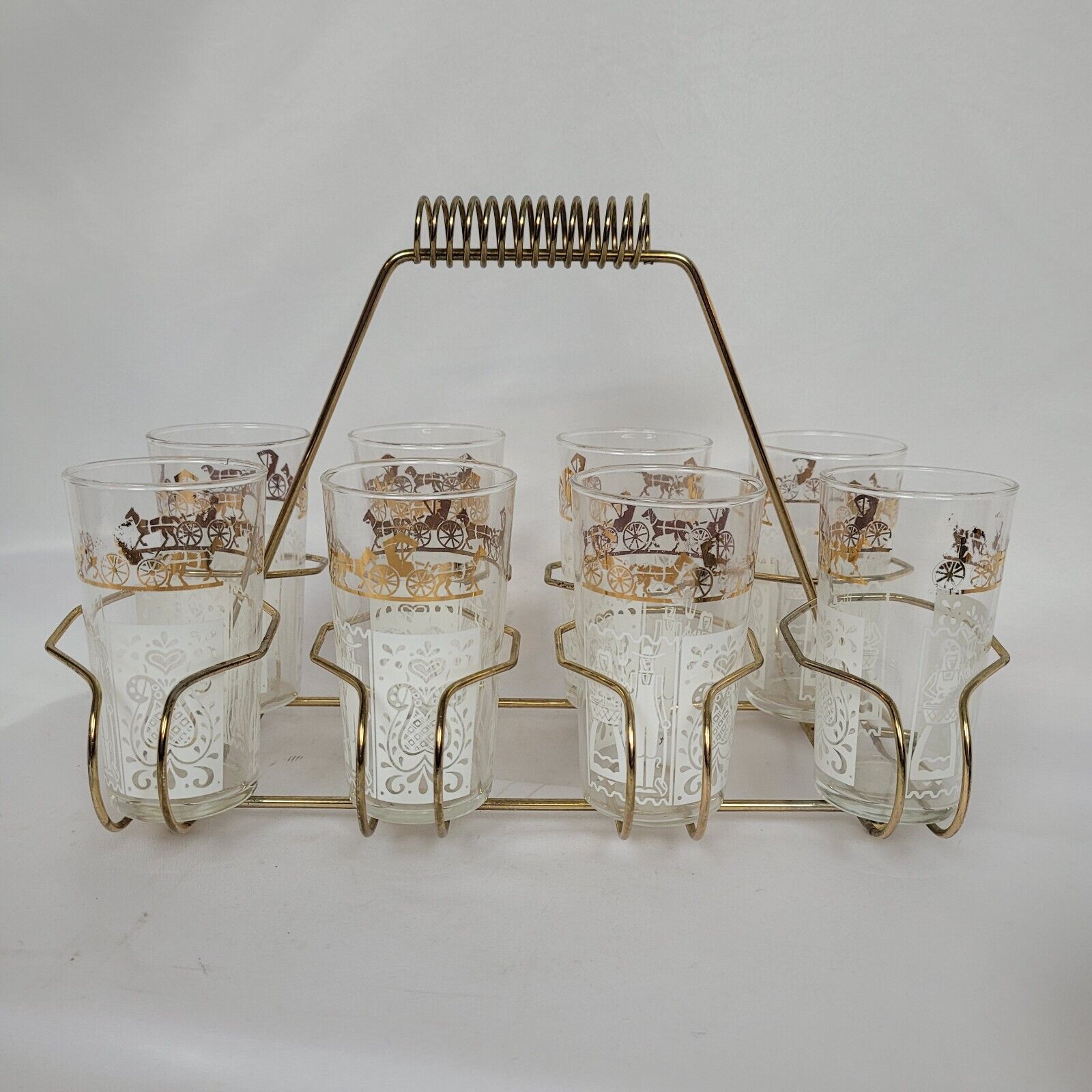 Set of 8 Anchor Hocking Butterprint Glasses Amish Horse Carriage With Holder
