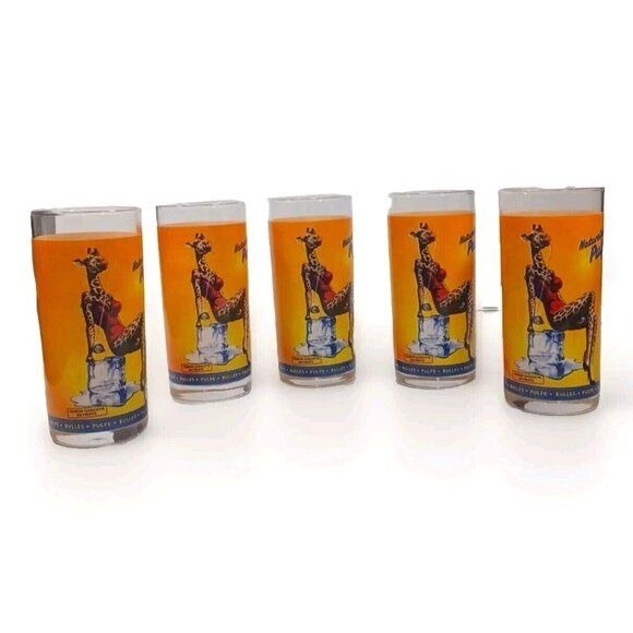 RARE Orangina Giraffe Pinup Girl Glasses Tumblers Set Lot Of 5 Made In France
