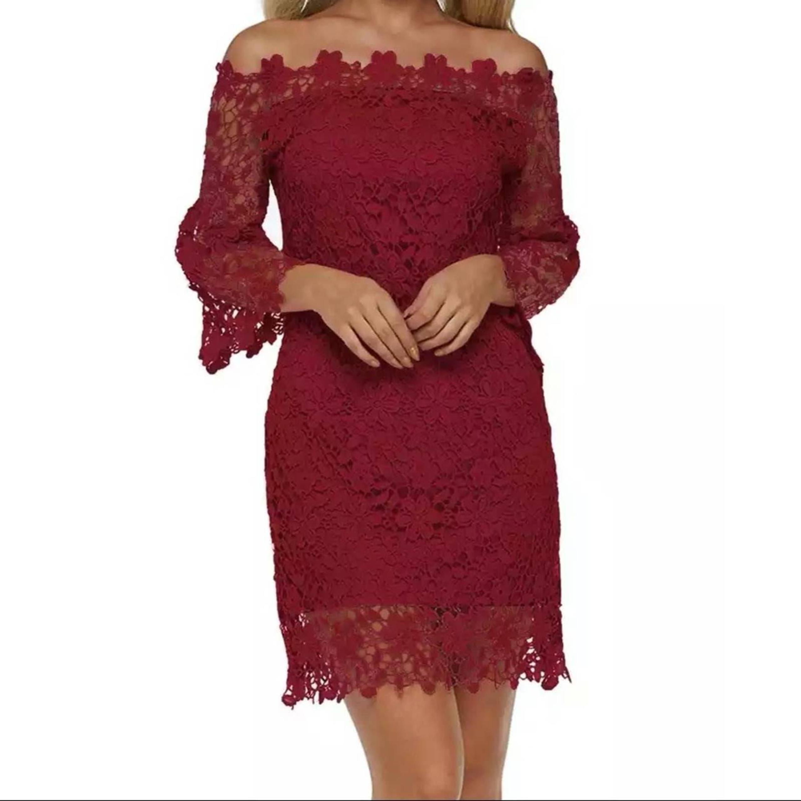 Zanzea Lace Dress Off Shoulder Stretch Mini Flare Dark Red  Stretch Flair Sleeve