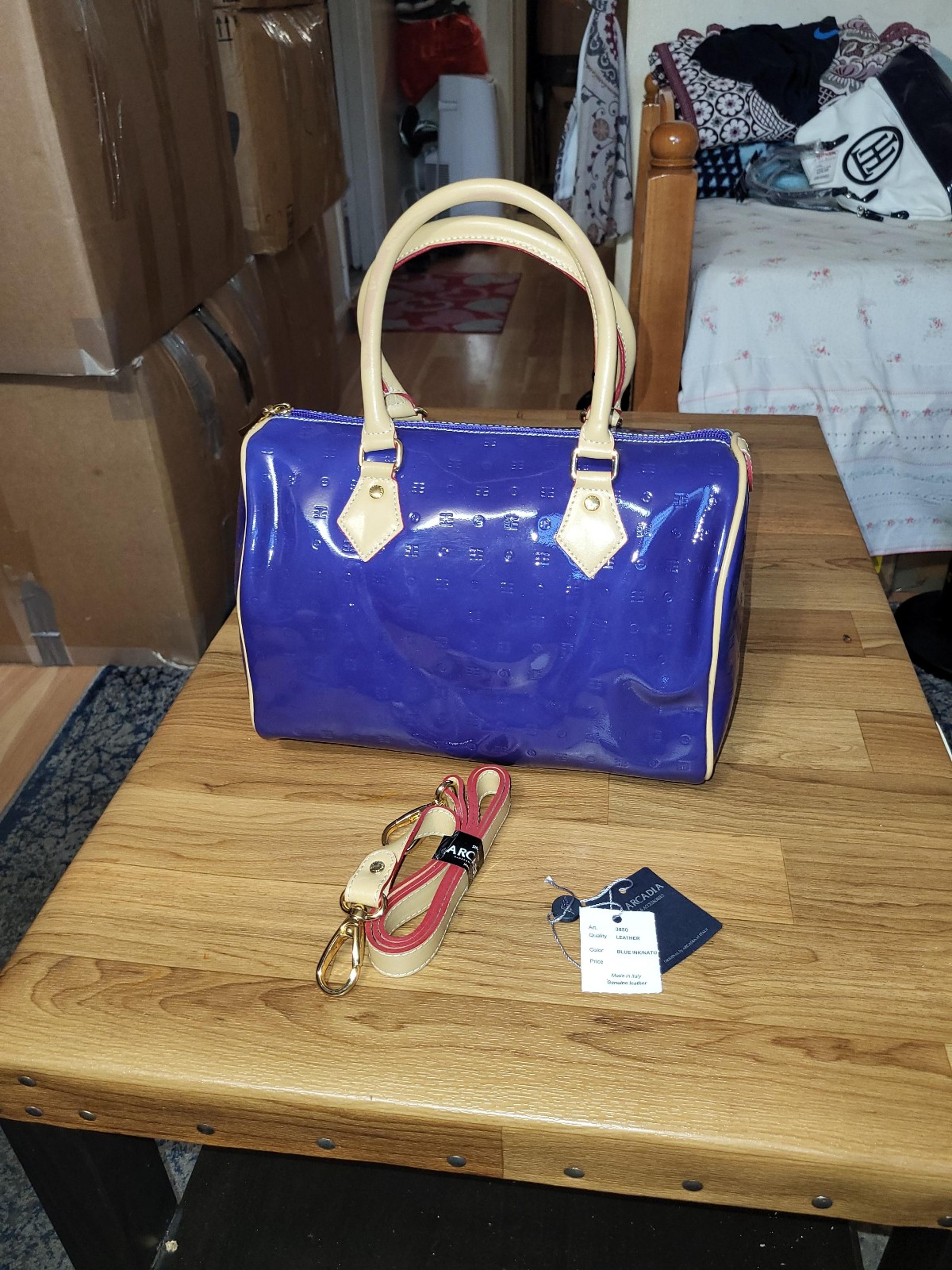 ARCADIA Blue Made In Italy Patent Leather Square Satchel