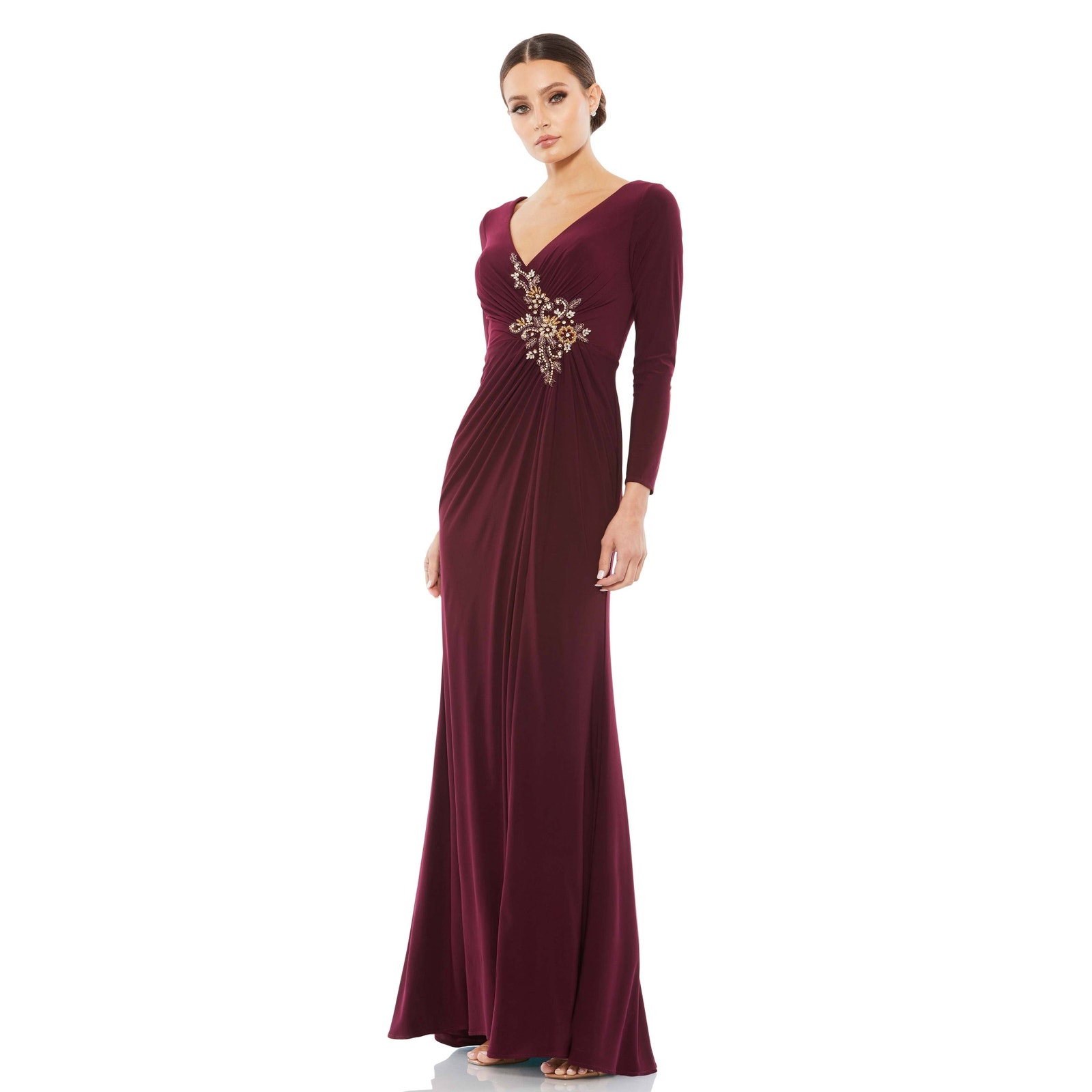 Mac Duggal Gown Burgundy V-Neck Long Sleeve Crystal Floral Embellished Sz 4