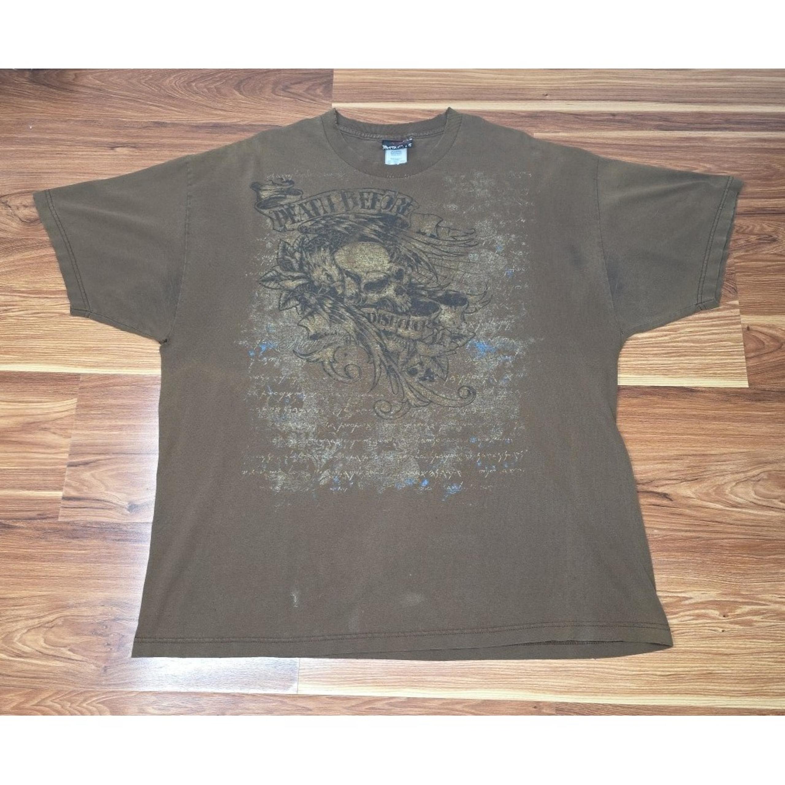 Y2k Thrashed Miami Ink Skull T Shirt Men's Size 2XL Sun Faded Brown Rock Grunge