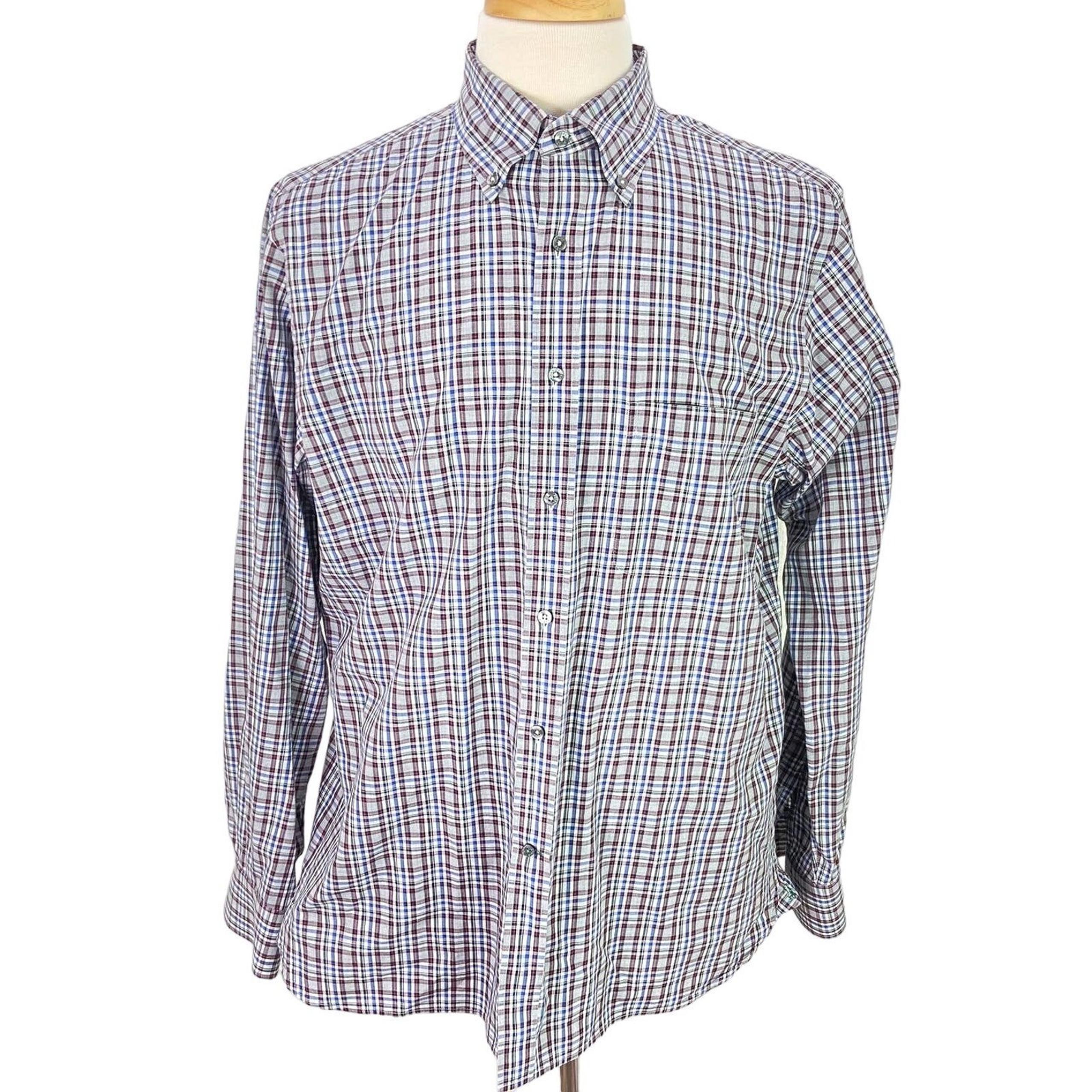 Bobby Jones Mens Casual Shirt Size L Gray Pink Blue Plaid Long Sleeve Button Up