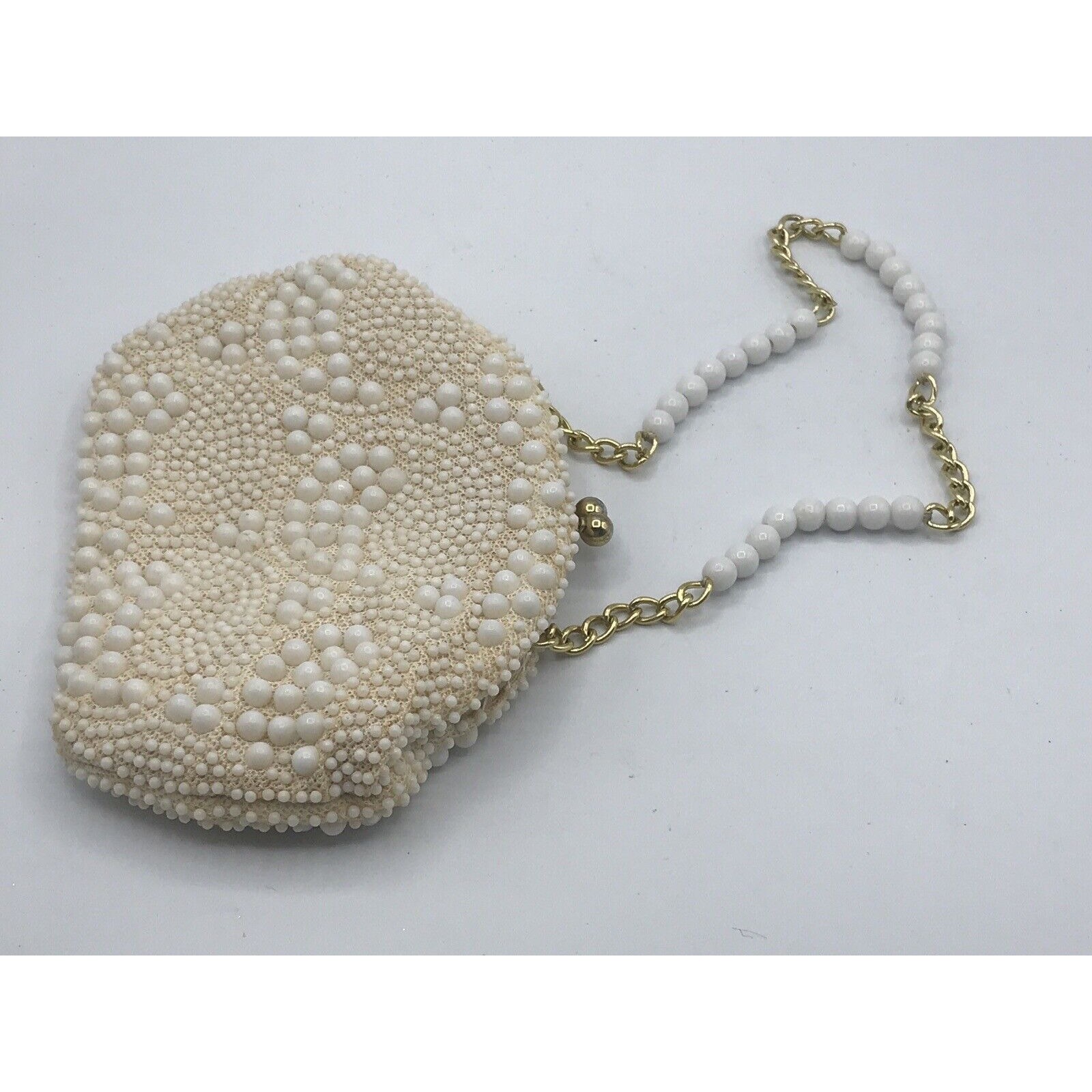 John Wind Purse/Clutch White Beaded Mid Century Style Made In Hong Kong