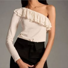Anthropologie Off Shoulder Ruffle Hem Cream Top Sz Large