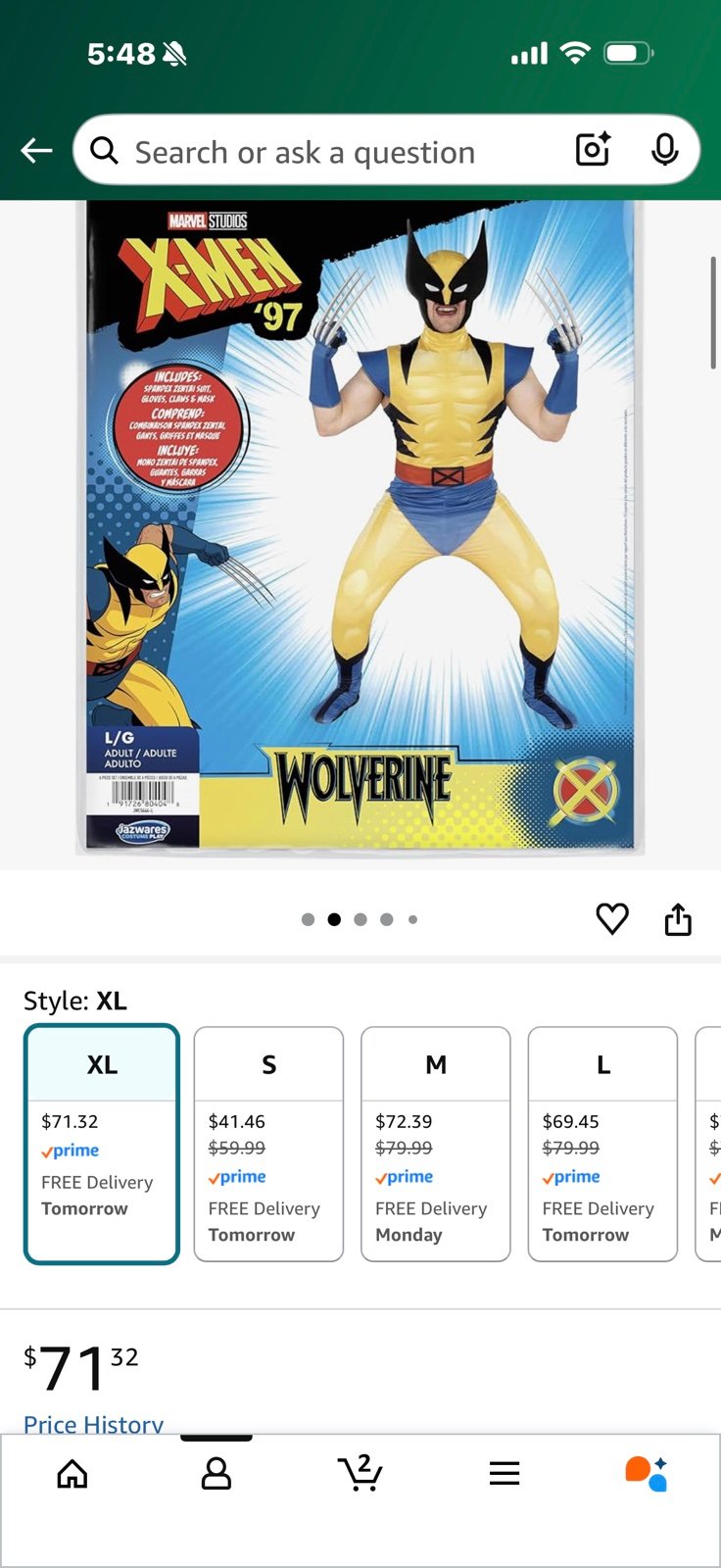 MARVEL Wolverine Official Adult Deluxe Zentai Halloween Costume ADULT  XL SIZE