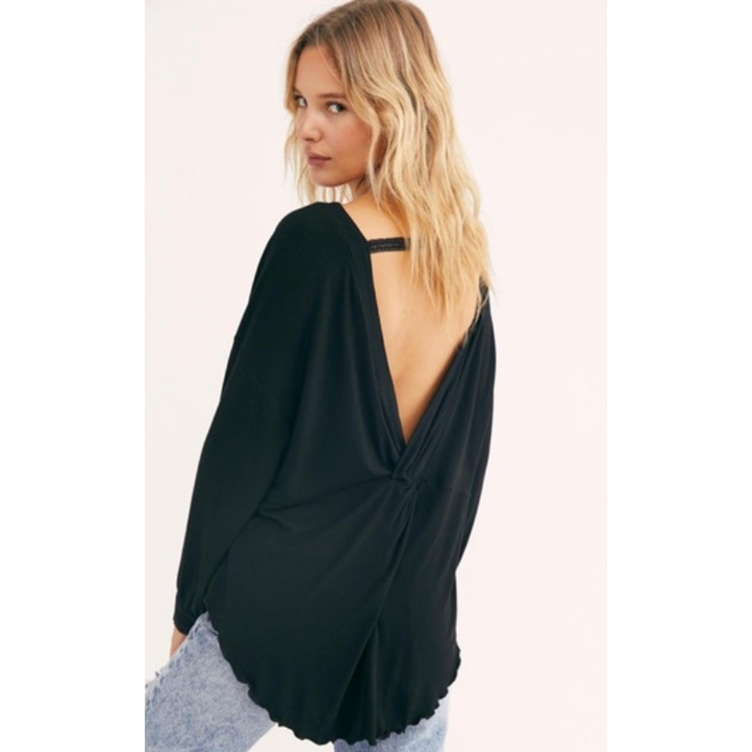 Free People Shimmy Shake Long Sleeve Waffle Knit Black Low Open Back Top Medium