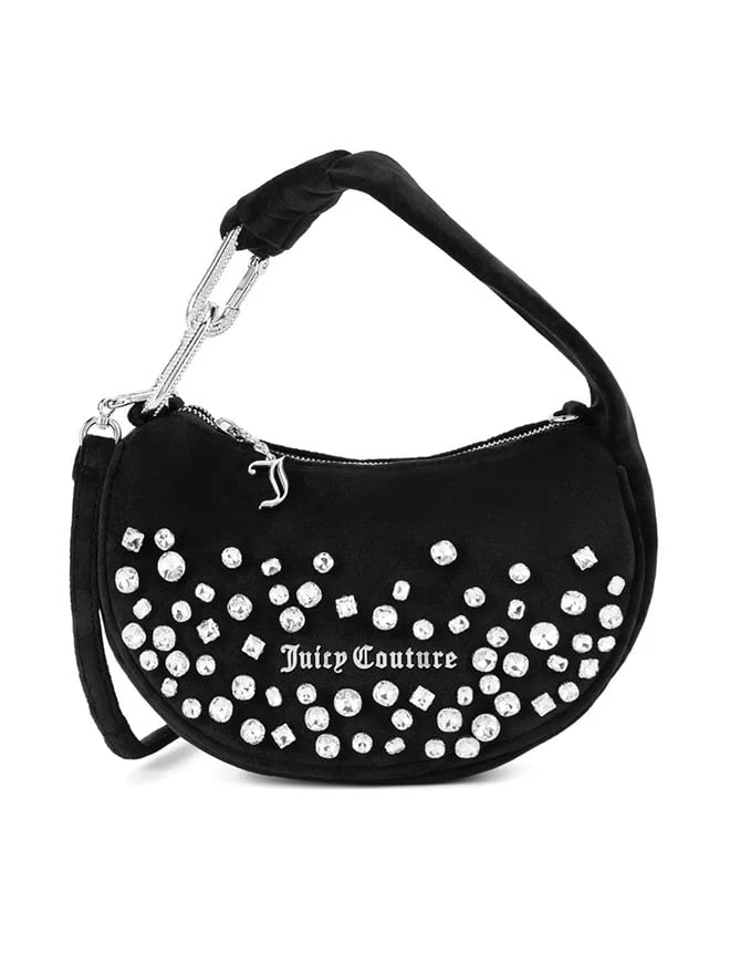 Juicy Couture Black Velvet Swarovski Crystal Crescent Hobo Bag Purse Coin Pouch