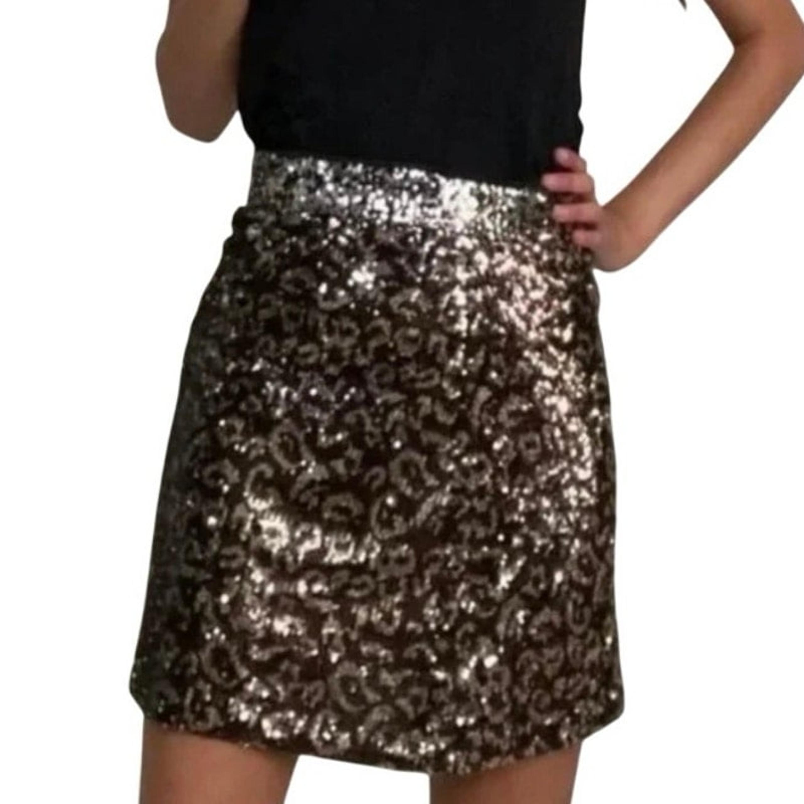 Cache’ Skirt Women Small Sequin Black & Gold Leopard Print Animal Print