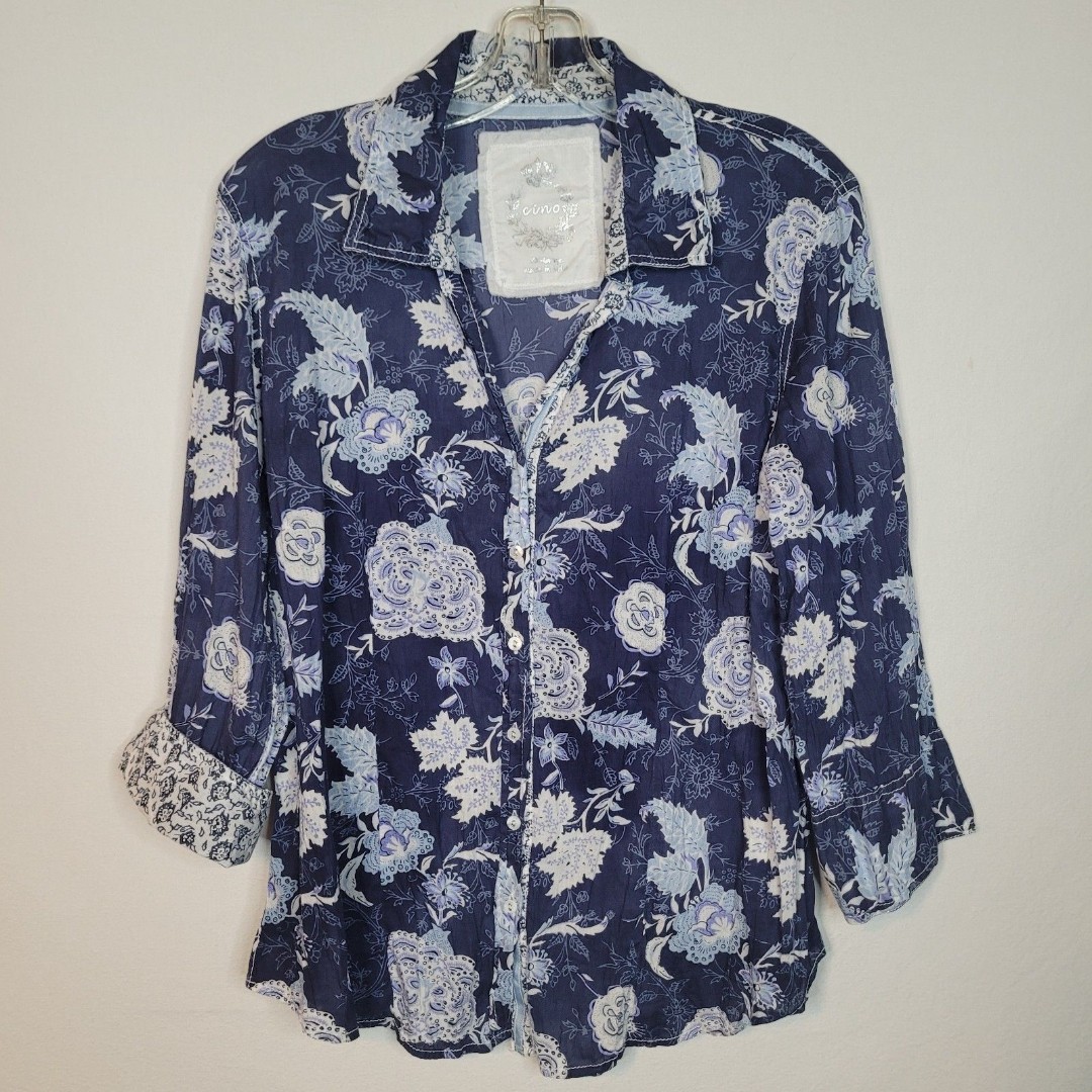 Cino Top Womens XXL Blue White Floral Button Up 3/4 Sleeve Crinkle Cotton Shirt