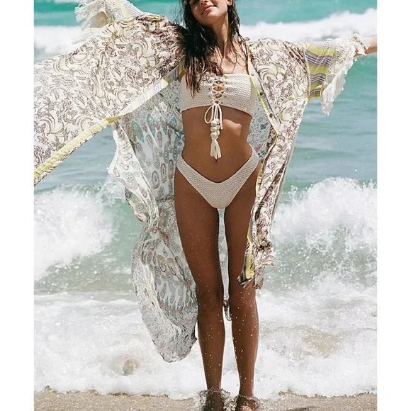 FREE PEOPLE Watching Waves Maxi Shirt / Aquamarine Combo XL