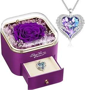Preserved Real Purple Rose with Purple Necklace