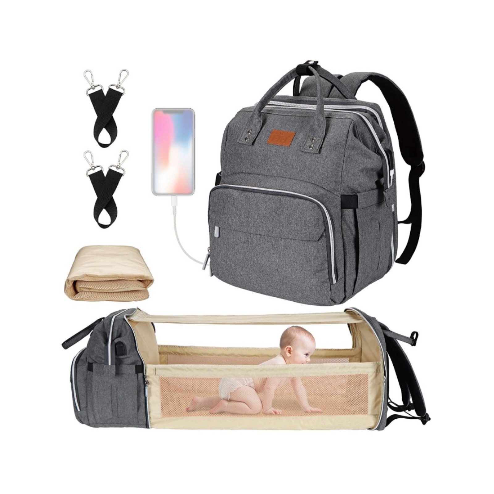 Diaper Bag Backpack with Changing Station and USB Port