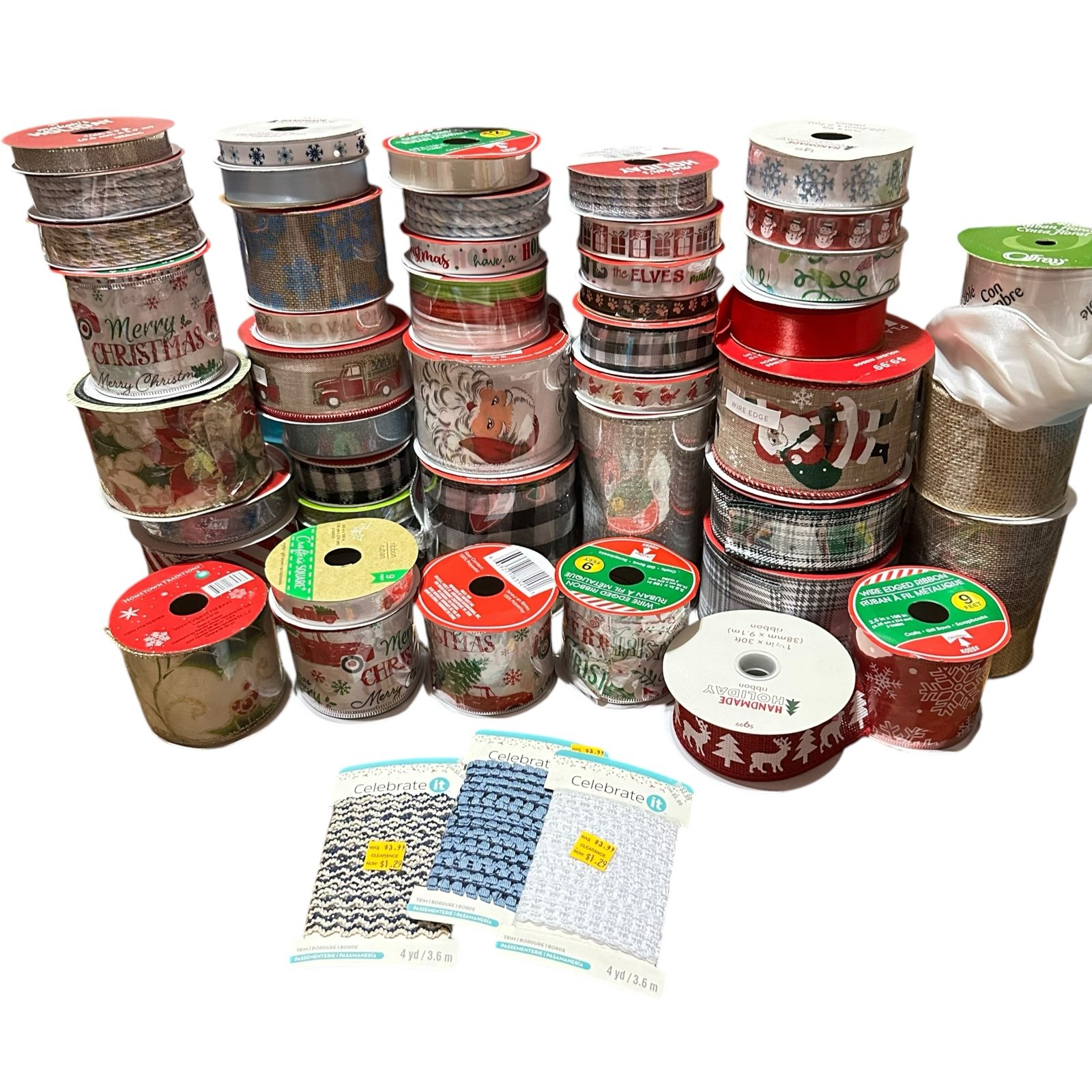Holiday Christmas Ribbon Mixed Huge Lot New and Partially Used 49 Spools