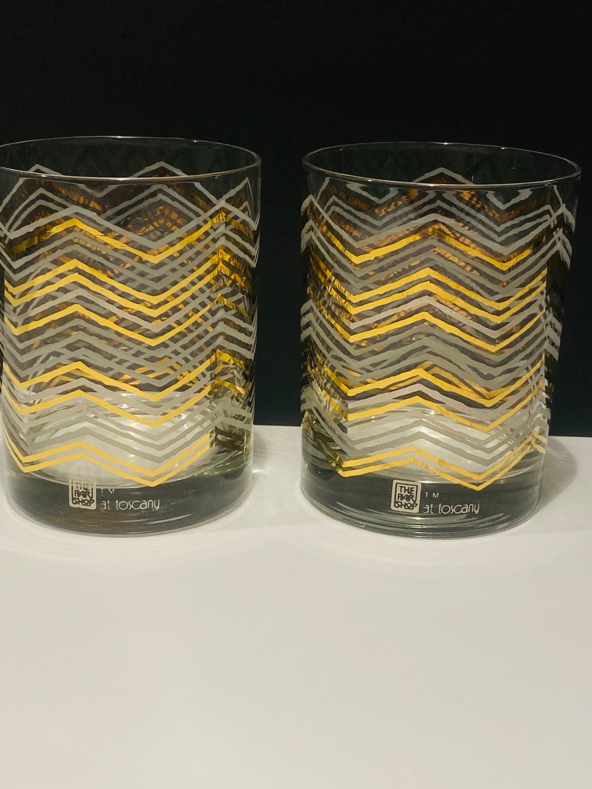Vintage Tuscany Set of 2 Whiskey Glasses Gold Grey Signed 4”. Beautiful glasses