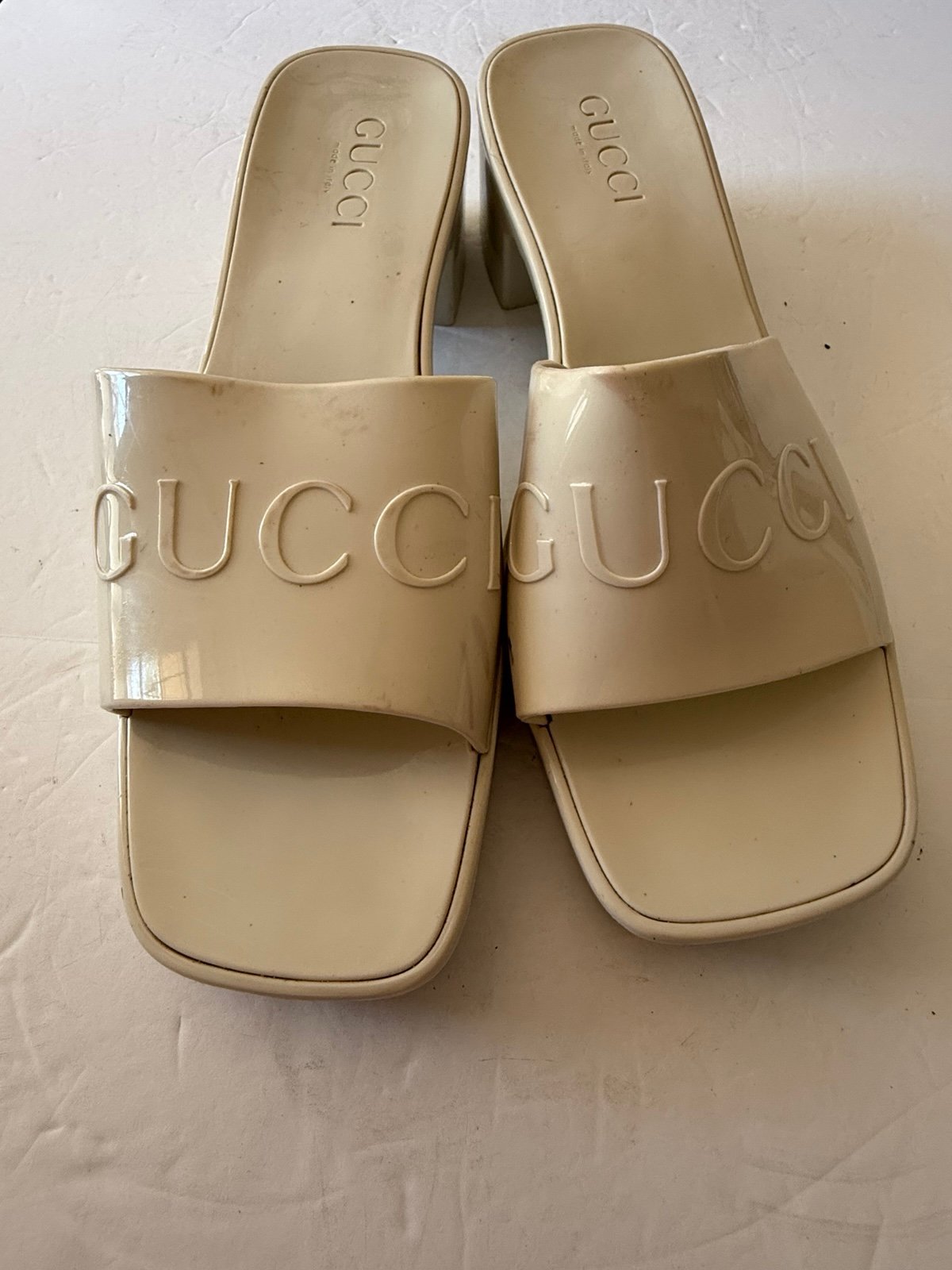 Gucci Rubber Slides Block Heel Sandals Putty Color Size 39 (US 8.5)