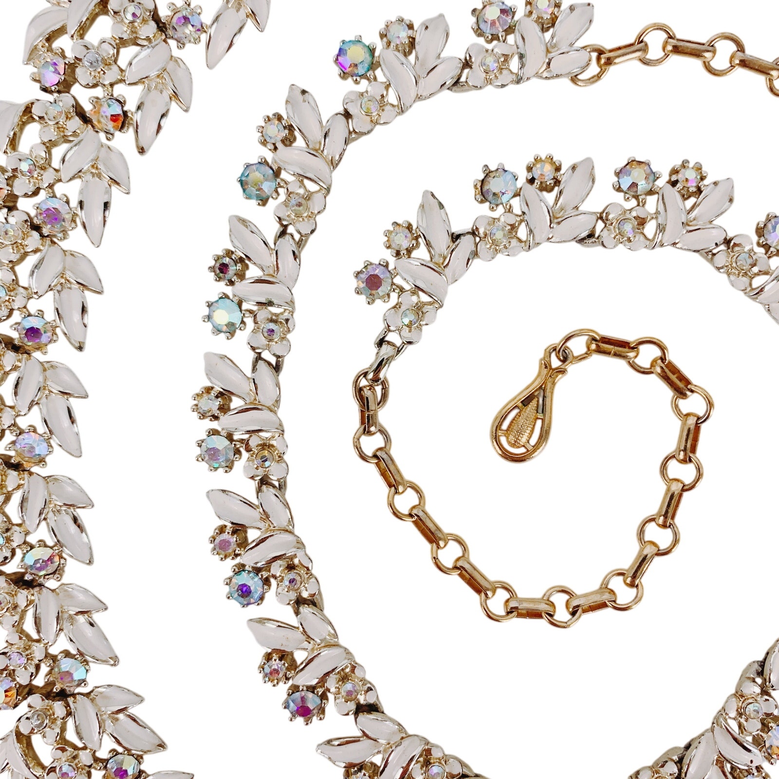 VTG Signed Coro White Enamel AB Rhinestone Necklace Bracelet Set 1950s 1960s