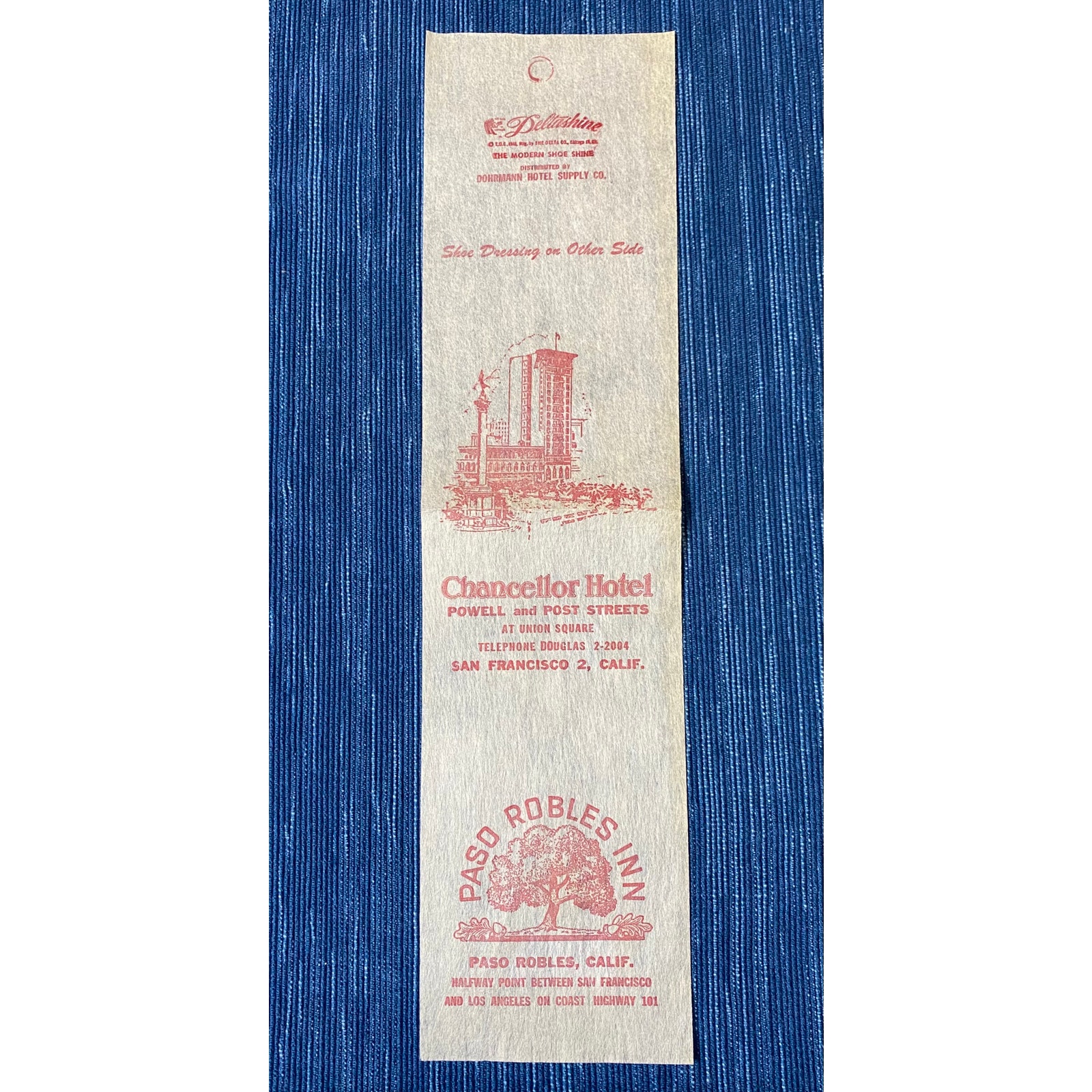 Vtg Chancellor Hotel San Francisco CA Paso Robles Disposable Shoe Shine Cloth
