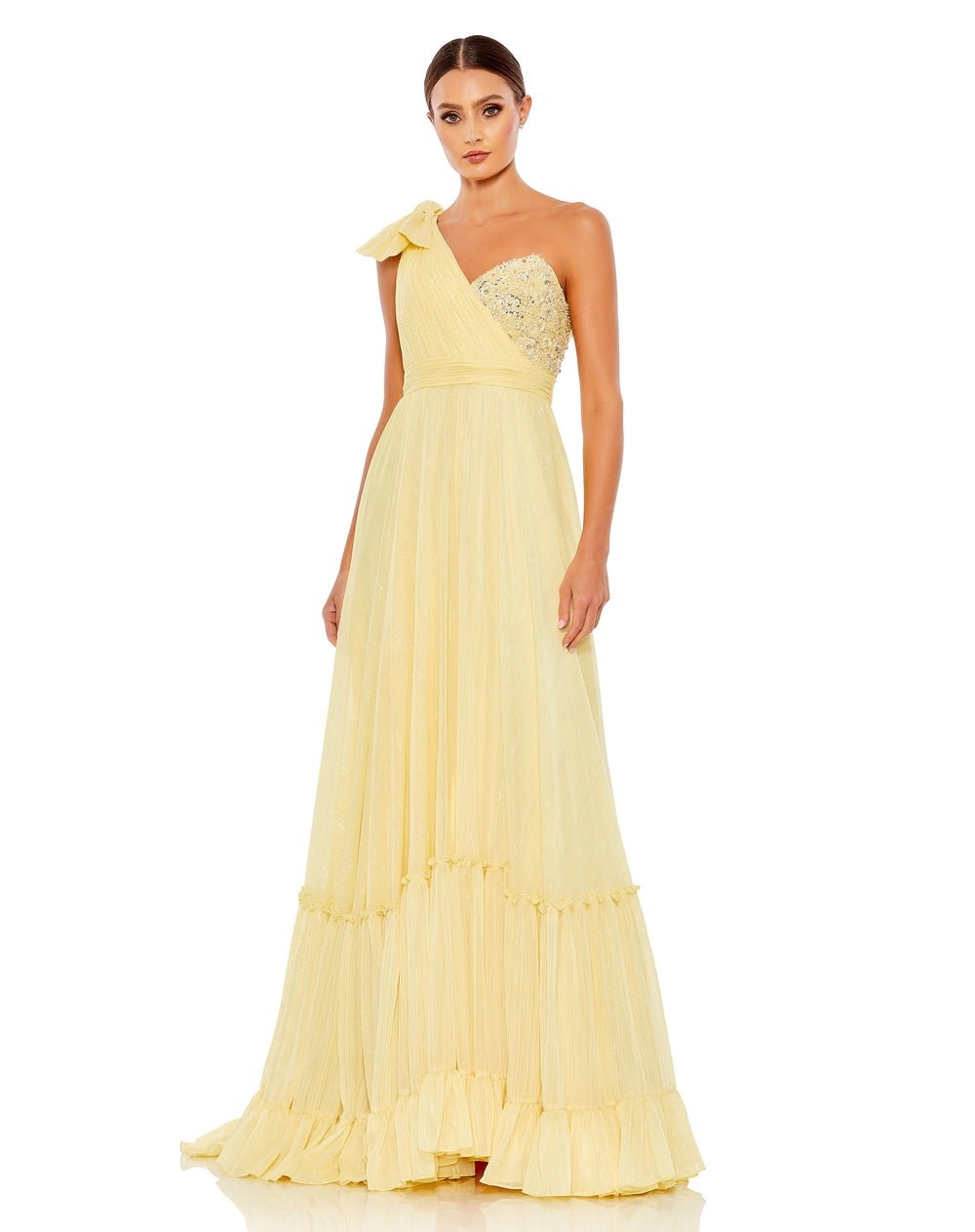 Mac Duggal Chiffon Metallic Formal Evening Dress Gown In Lemon 68095