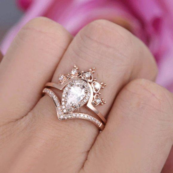 NEW 2PC 18K Rose Gold Diamond Crown Ring