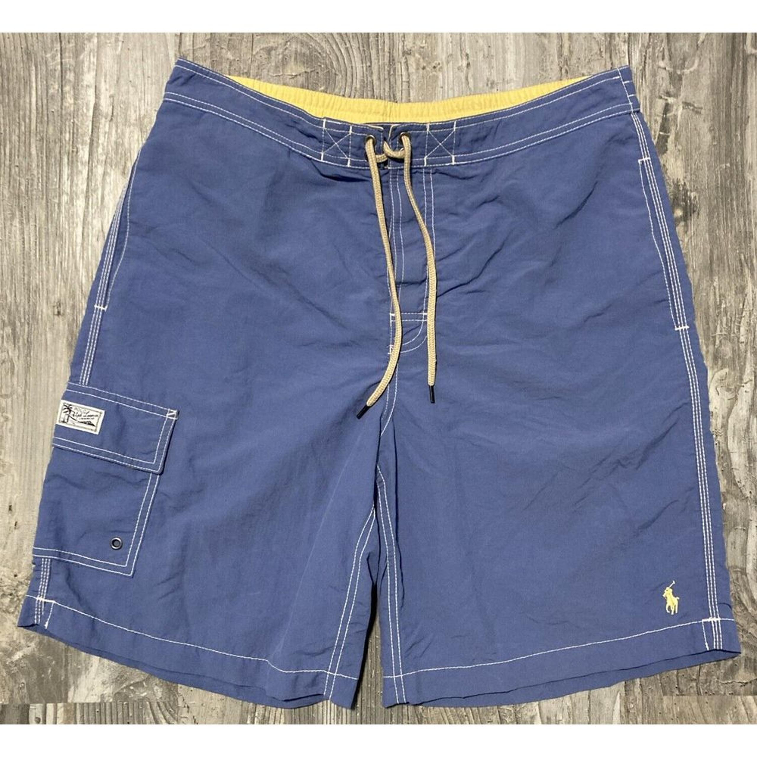 Polo Ralph Lauren Swim Trunks Mens Medium Blue Yellow Pony Elastic Waist Shorts
