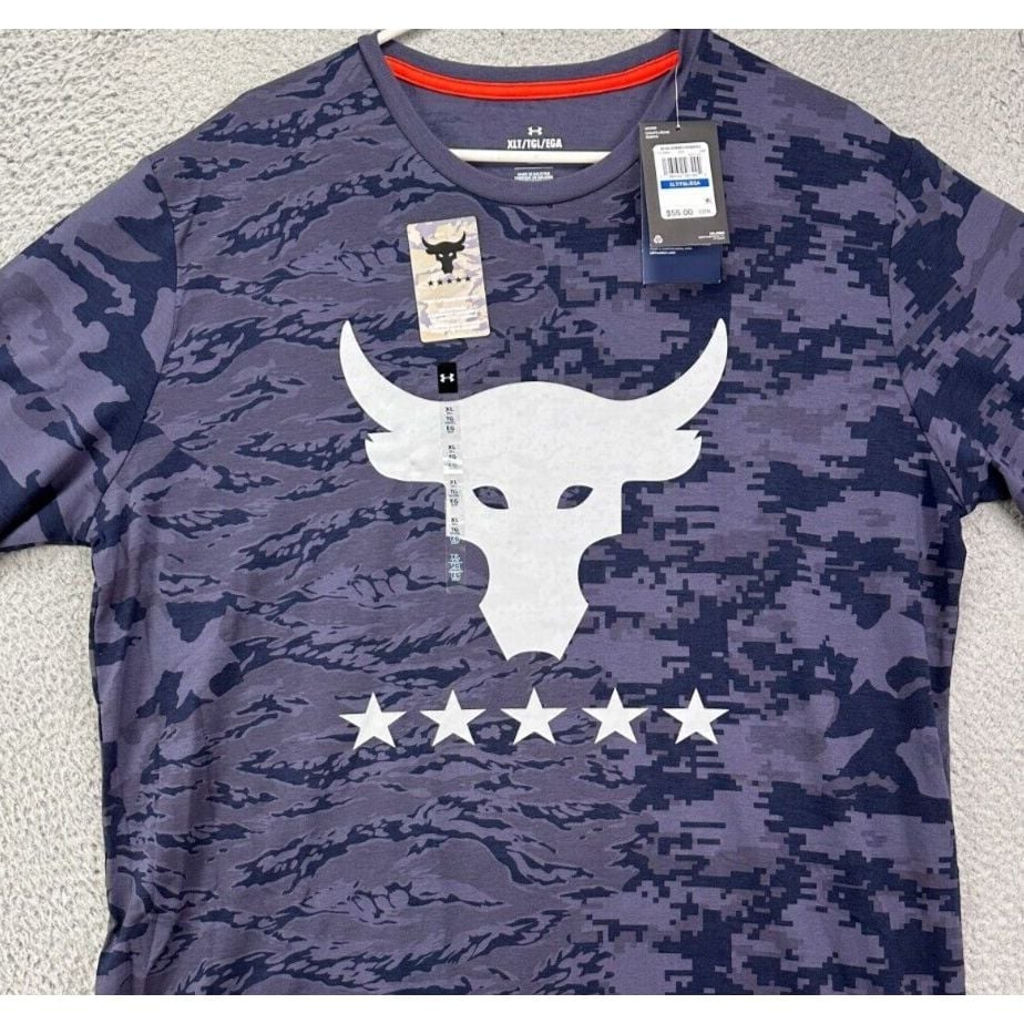 Under Armour Shirt Mens XLT Tall Blue Camo Project Rock Veterans Freedom Tee NEW