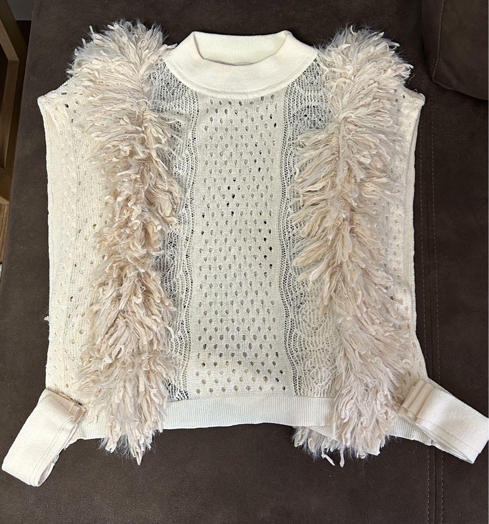 LEINWANDE Mixed Fringe Crop Top Ivory Beige Lace FREE SIZE