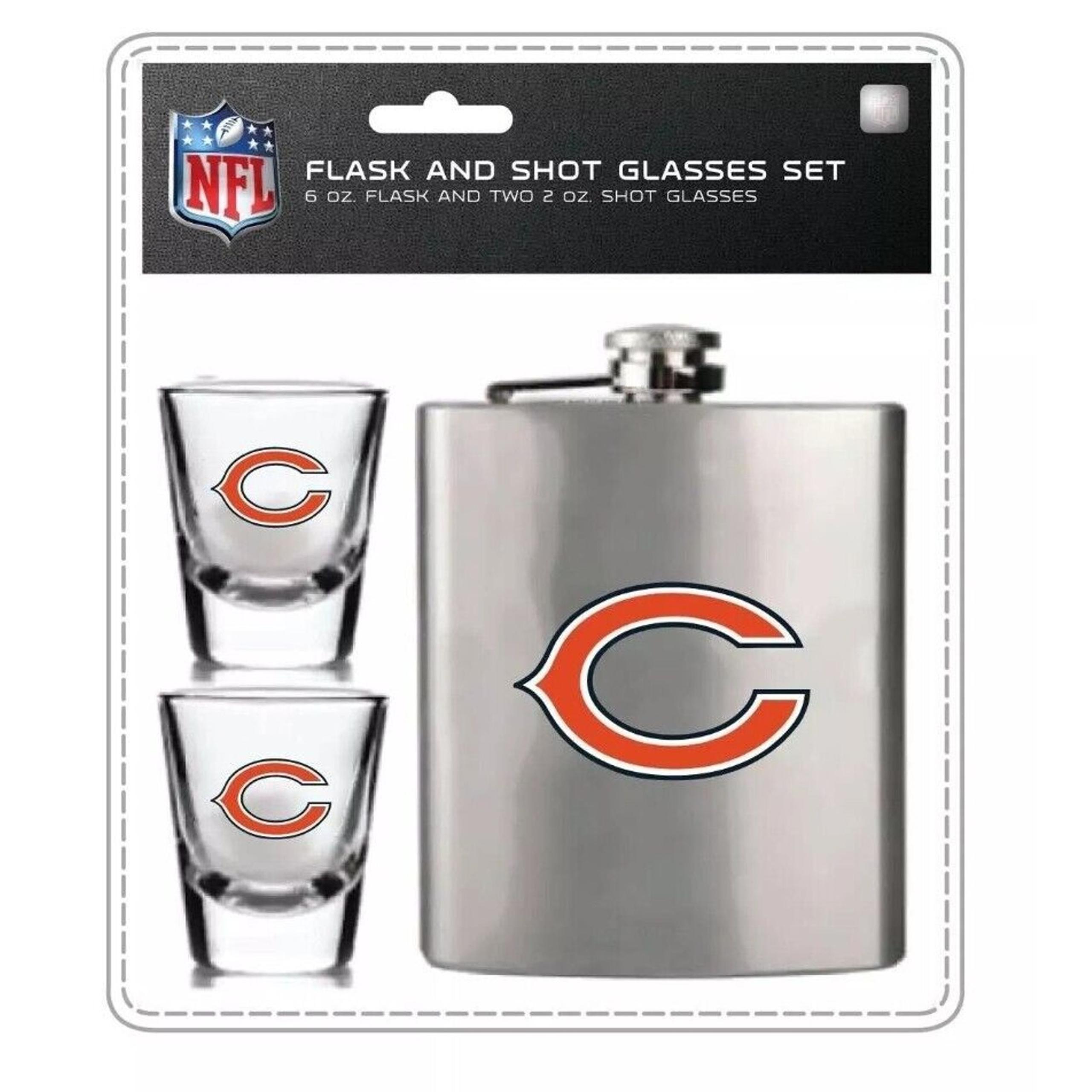 NFL CHICAGO BEARS Flask w 2 Shot Glass Set Brushed Stainless Steel Portable New!